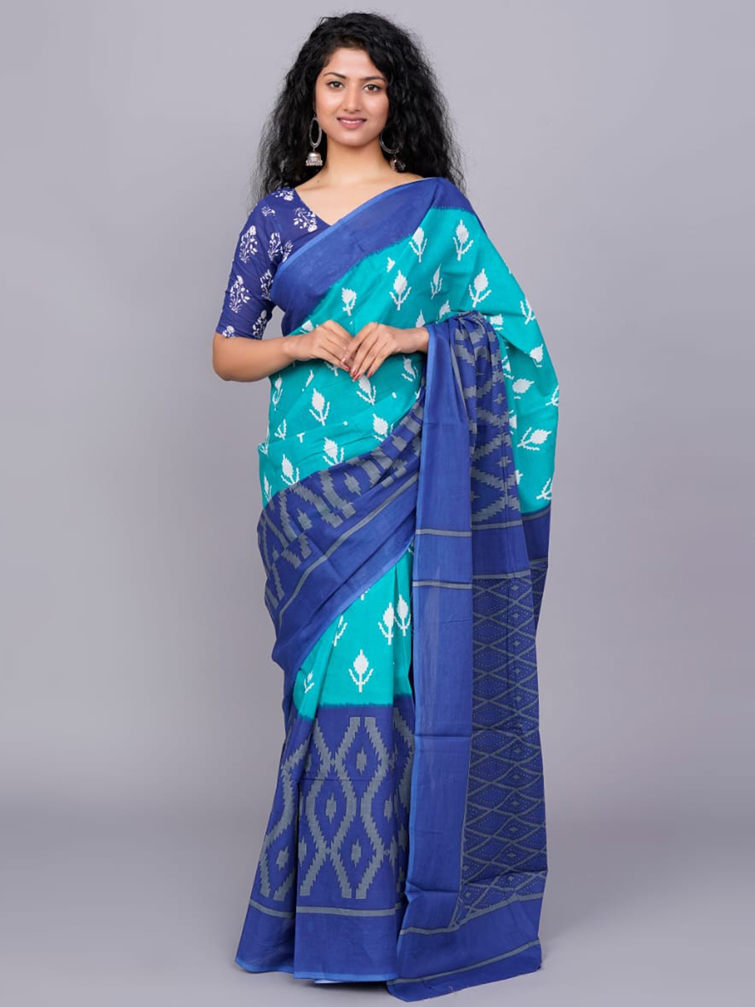 

clothonus Ethnic Motifs Jaipuri Pure Cotton Block Print Saree, Turquoise blue