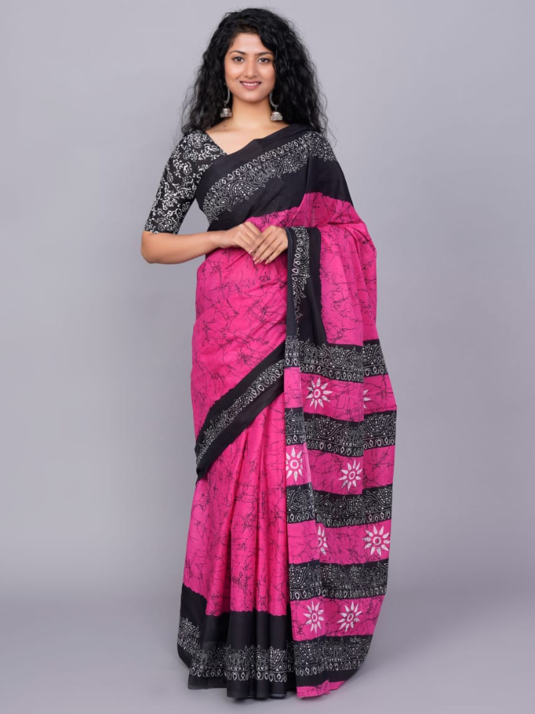 

clothonus Abstract Print Jaipuri Cotton Ikat Saree, Pink