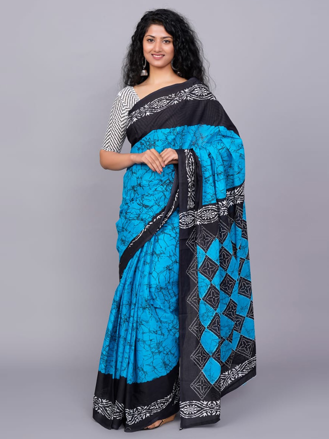 

clothonus Batik Pure Cotton Block Print Saree, Turquoise blue