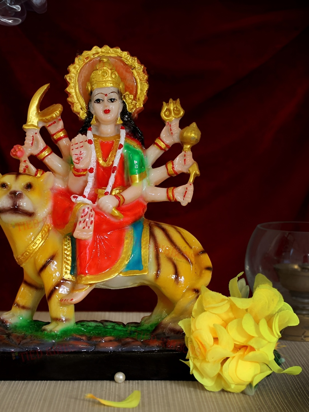

Navyaksh Red & Gold-Toned Marble Small Sherawali Durga Maa Idol Showpiece
