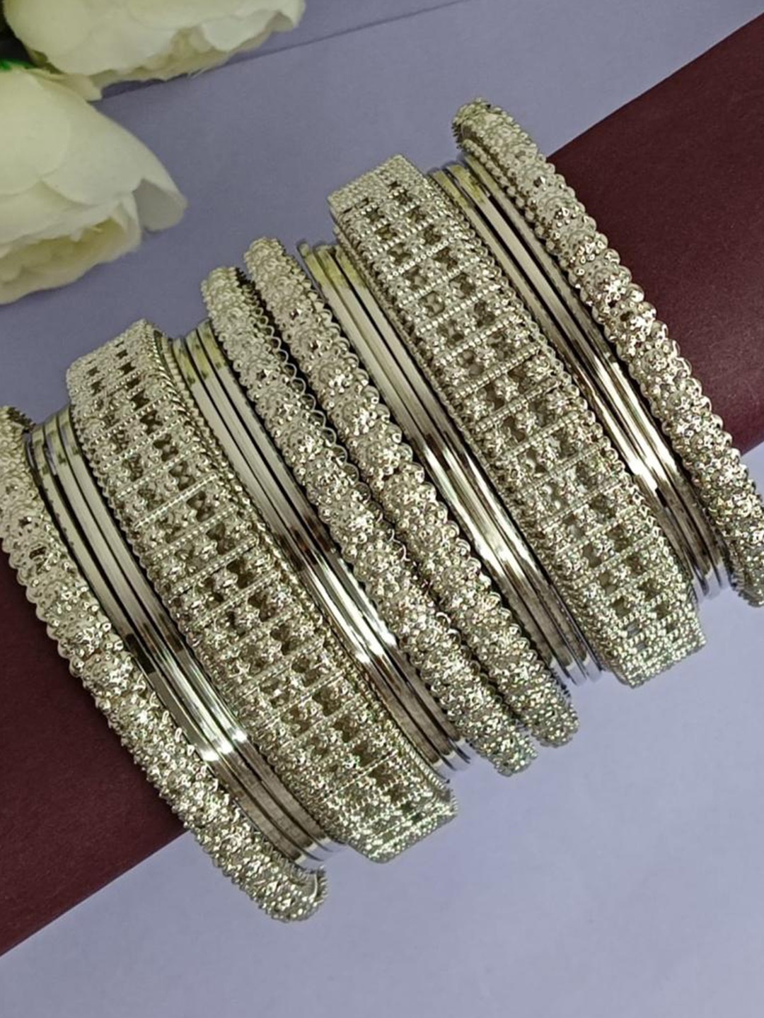 

Efulgenz Set Of 18 Rhodium Plated Oxidised Bangles, Silver