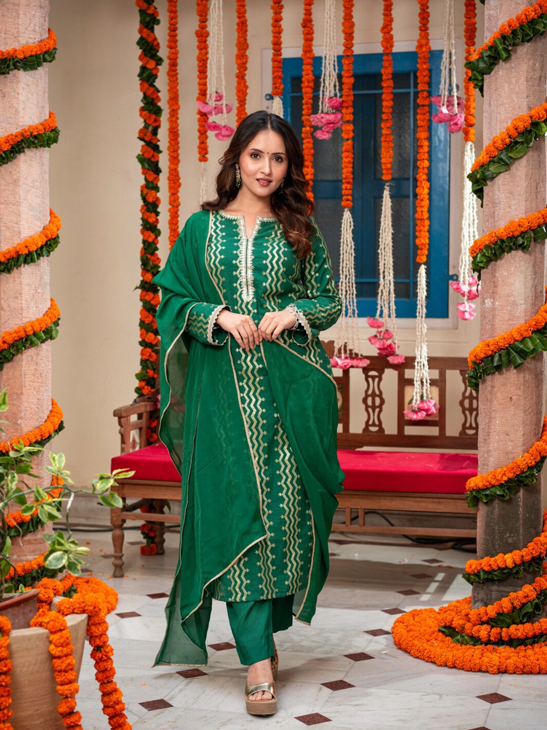 

Ambraee Geometric Printed Gotta Patti Chanderi Silk Kurta with Trousers & Dupatta, Green