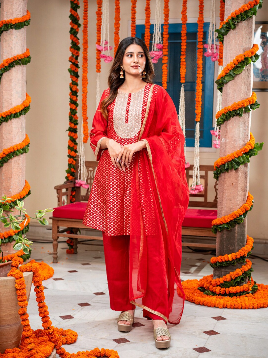 

Ambraee Floral Yoke Design Sequinned A-Line Kurta With Trouser & Dupatta, Red
