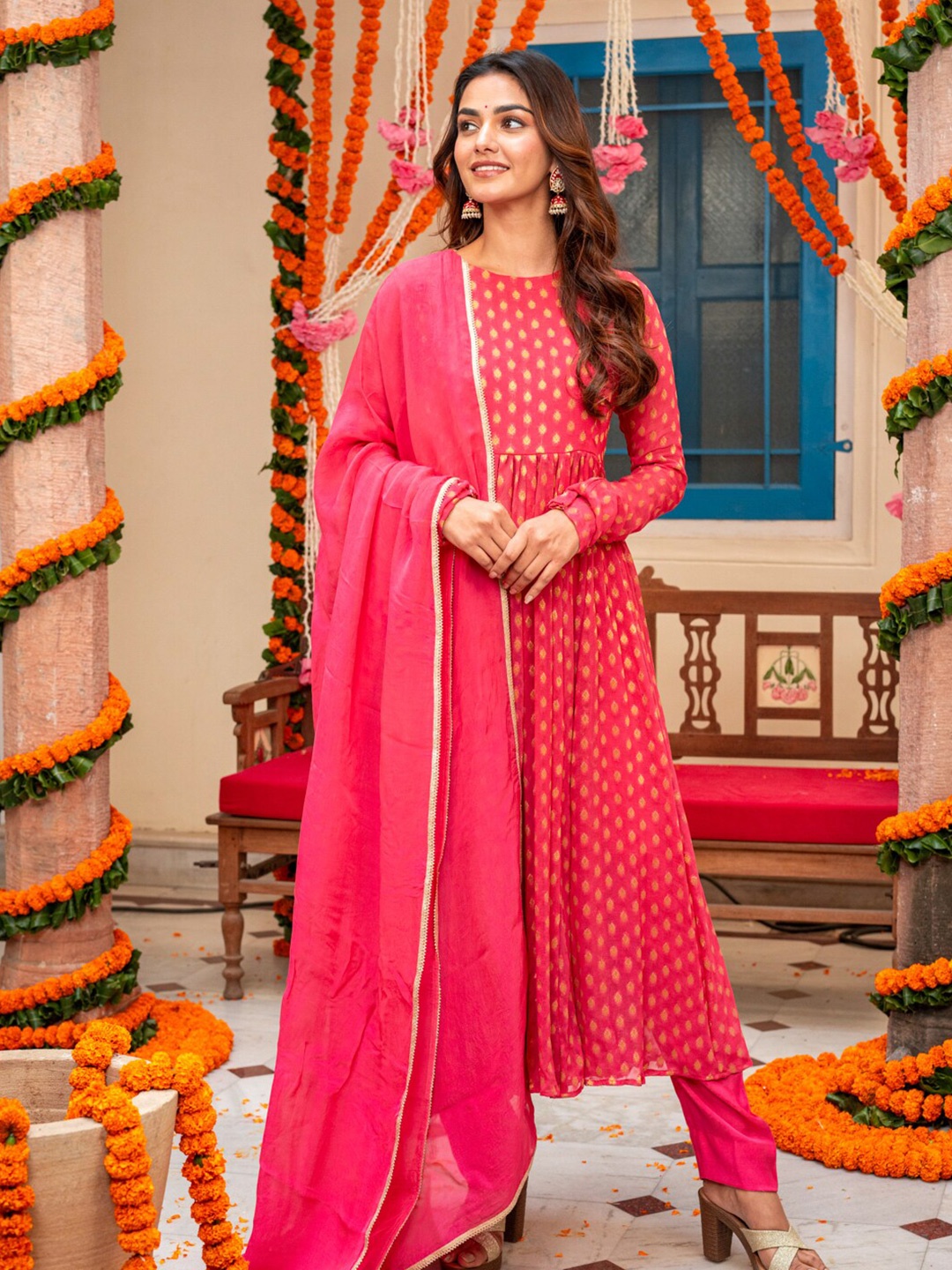 

Ambraee Woven Design Zari Round Neck Long Sleeves Anarkali Kurta With Trousers & Dupatta, Pink