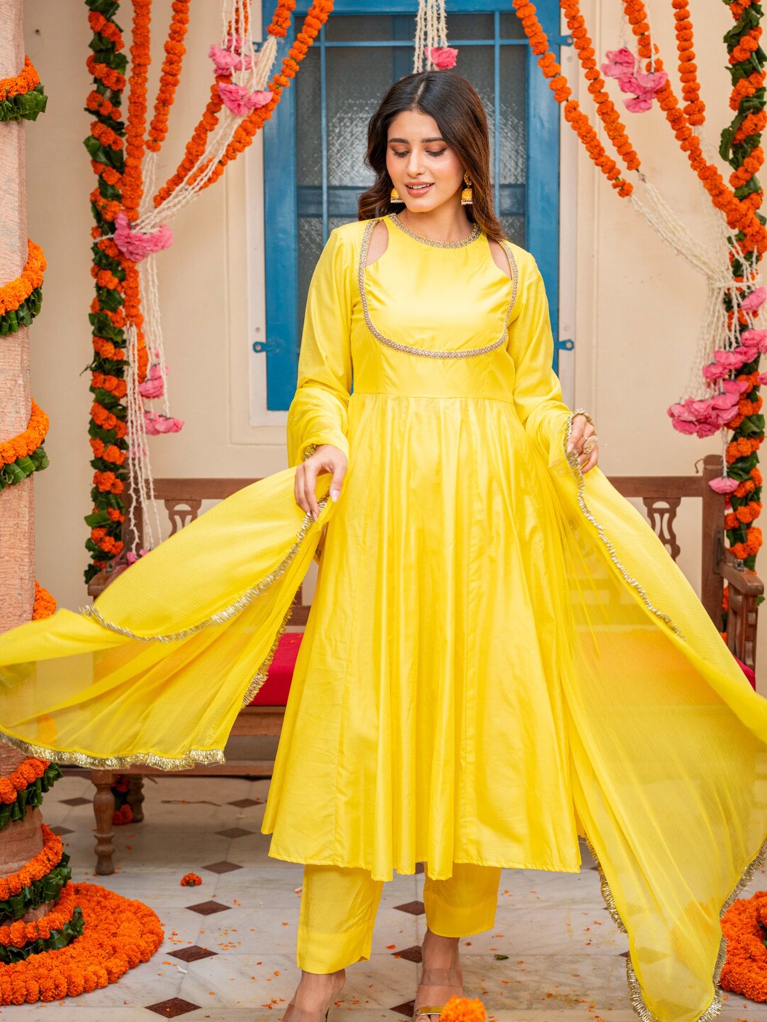 

Ambraee Gotta Patti Chanderi Silk Anarkali Kurta With Trouser & Dupatta, Yellow