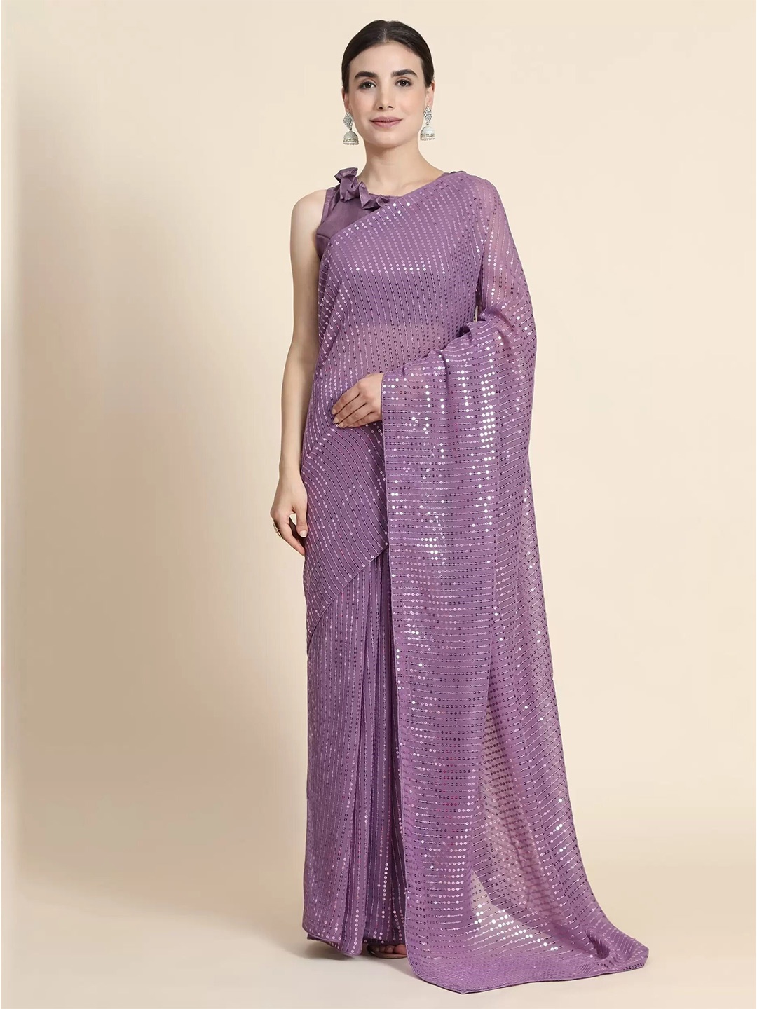 

RadadiyaTRD Embellished Sequinned Pure Georgette Saree, Pink