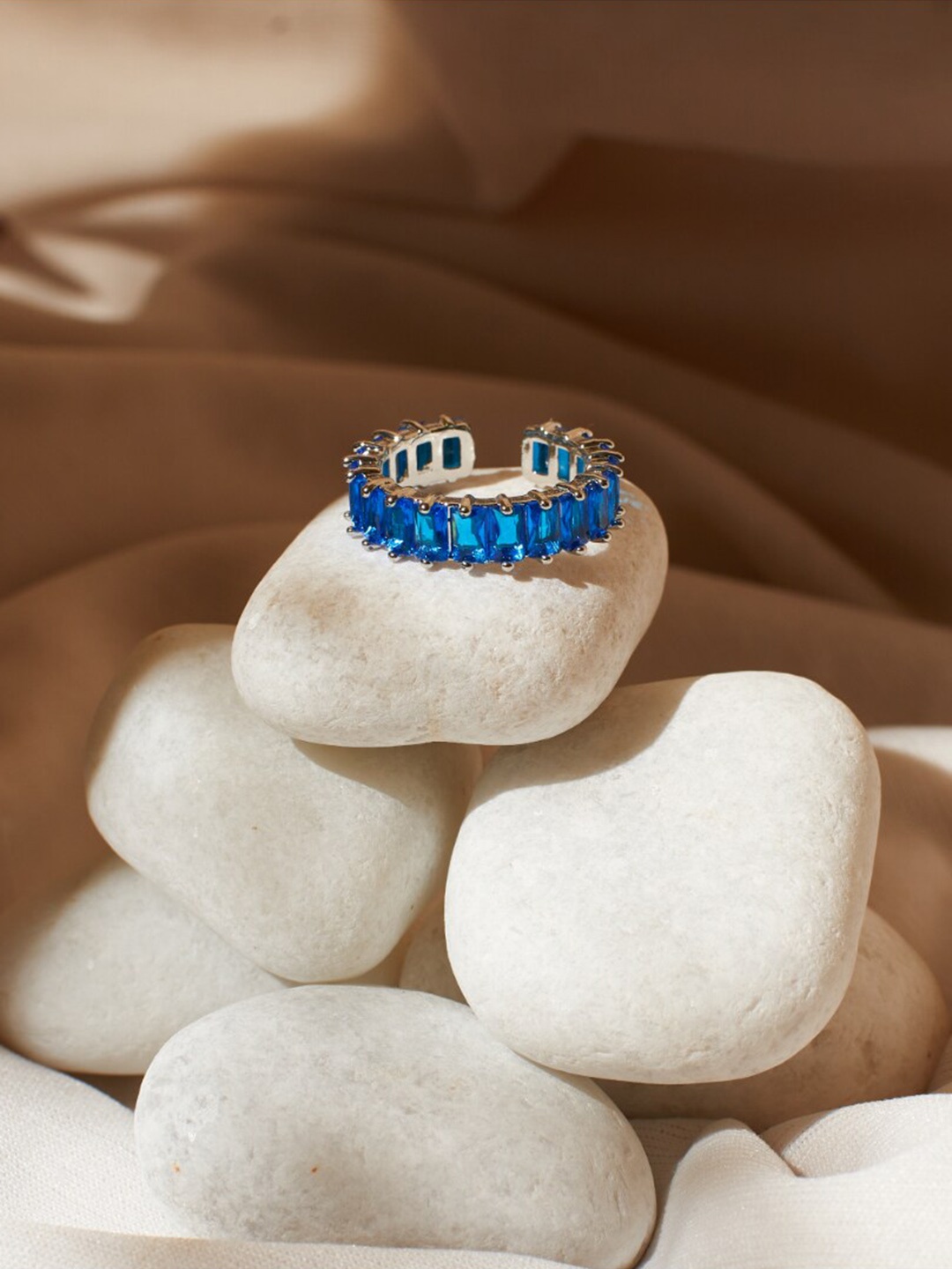 

SALTY Crystals-Studded Tennis Adjustable Finger Ring, Silver
