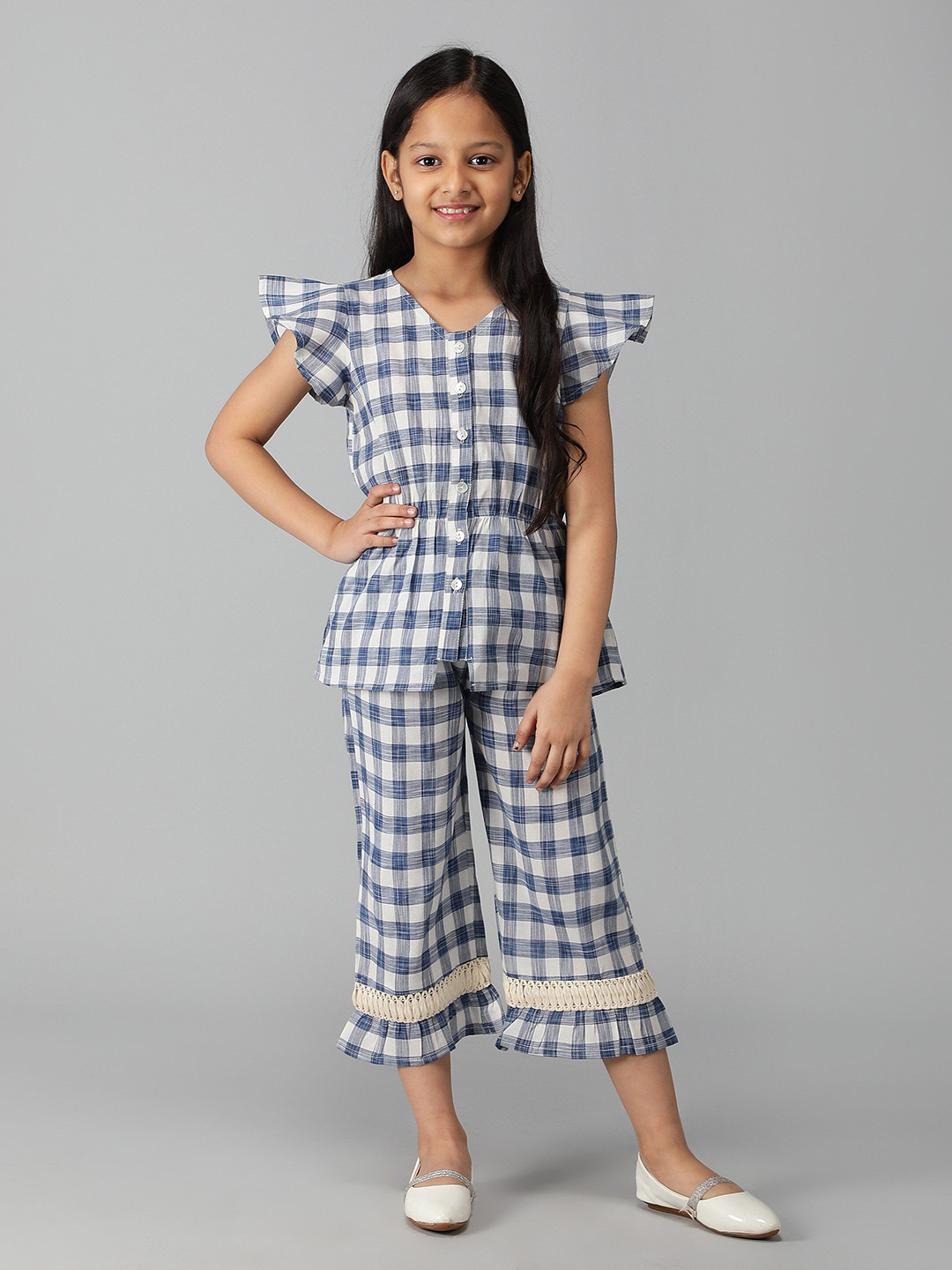 

BAESD Girls Checked Flutter Sleeves Top With Trouser, Blue