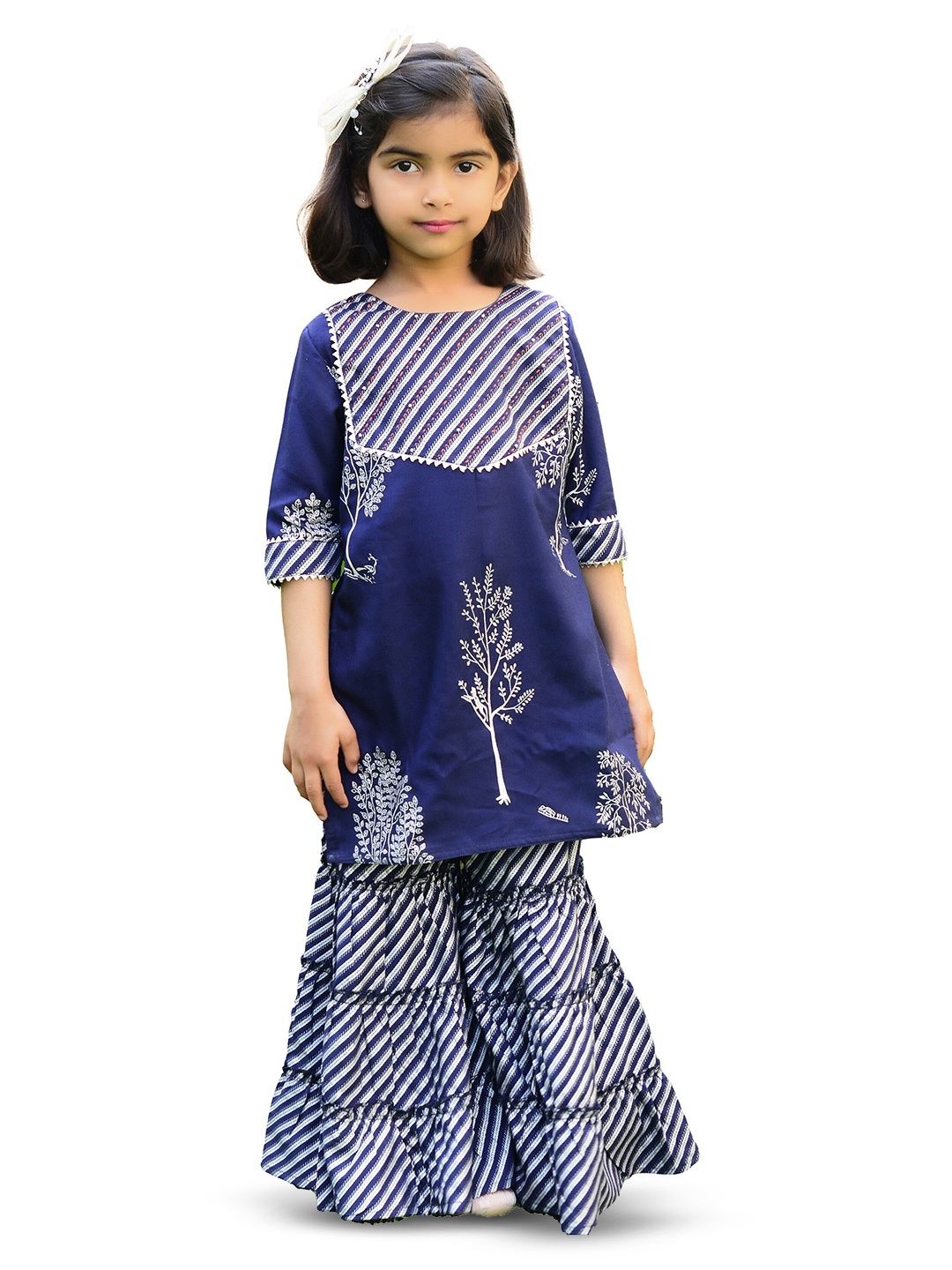 

BAESD Girls Ethnic Motifs Printed Round Neck Gotta Patti Kurta with Sharara, Blue