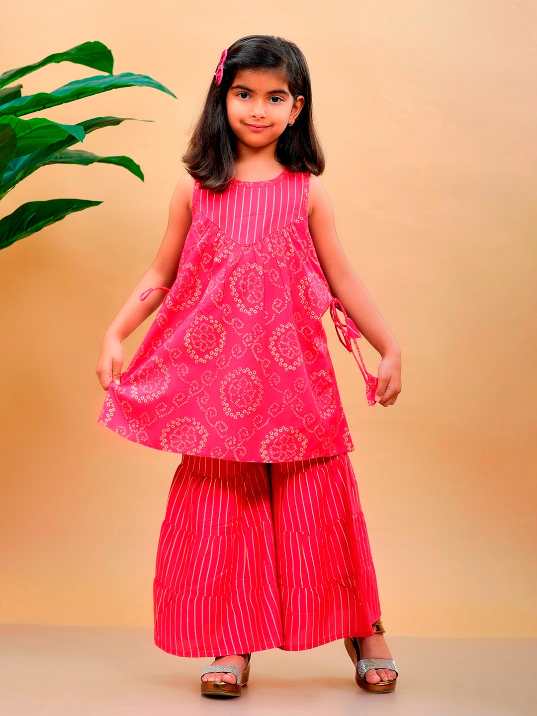 

BAESD Girls Bandhani Printed Regular Kurta with Sharara, Pink