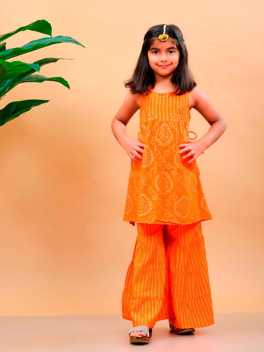 

BAESD Girls Bandhani Printed Regular Kurta with Sharara, Orange