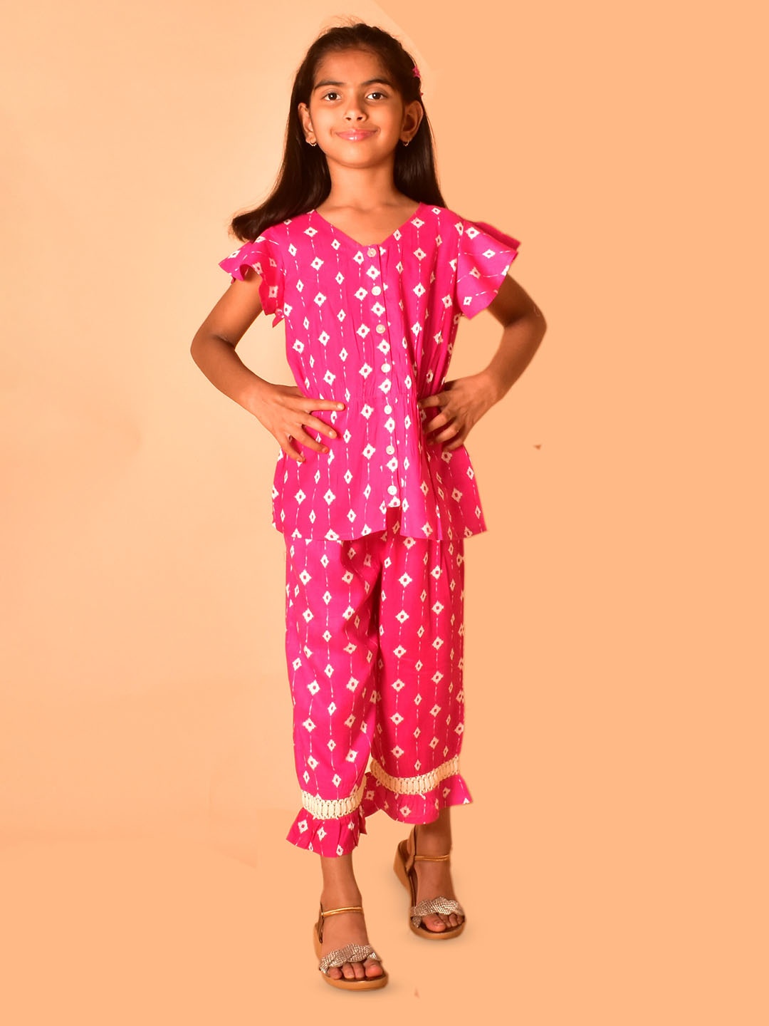 

BAESD Girls Printed Flutter Sleeves Top With Trousers, Pink