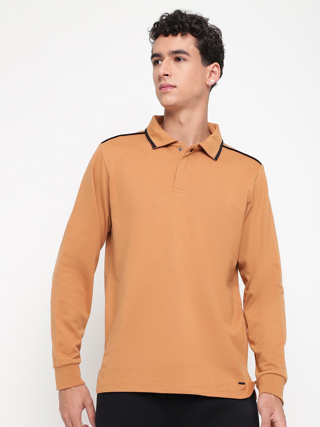 

EDRIO Polo Collar Long Sleeves Solid Cotton Tshirt, Brown
