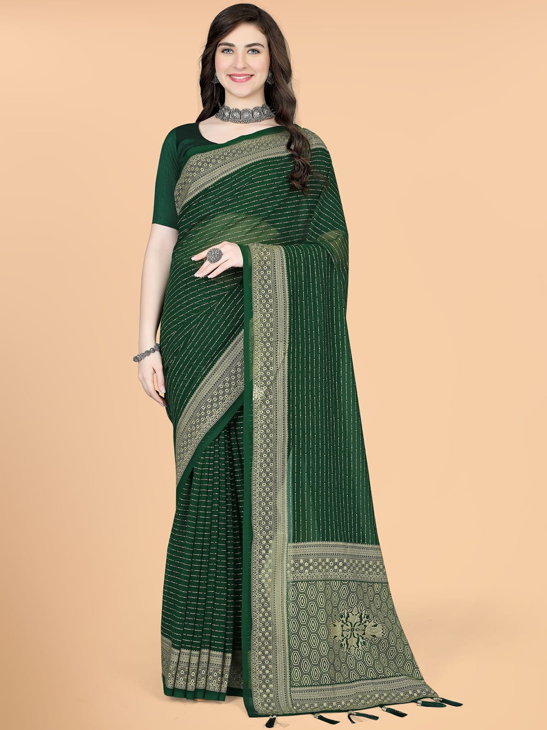 

KALINI Striped Woven Design Zari Silk Cotton Saree, Green