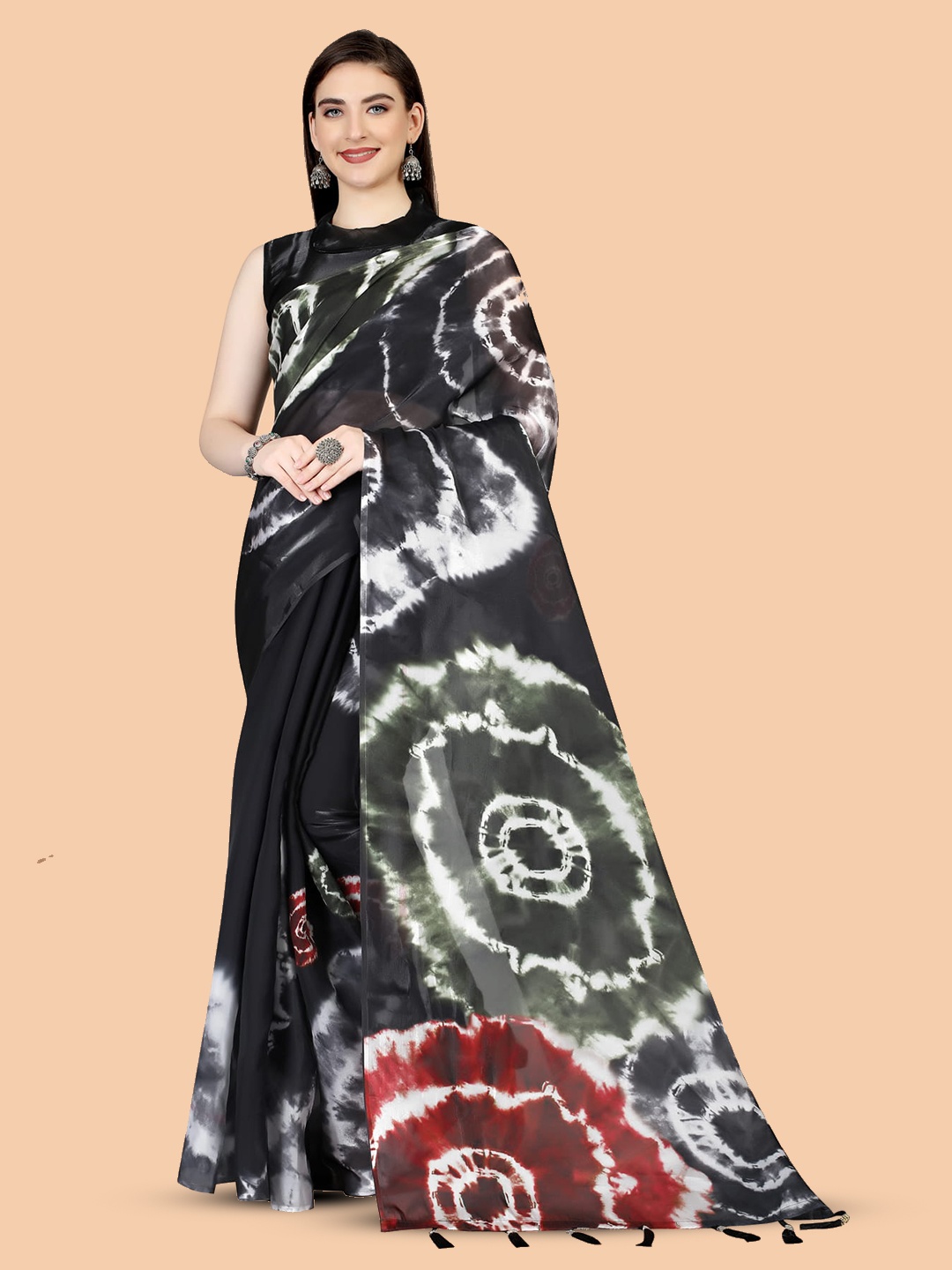 

KALINI Tie and Dye Silk Cotton Saree, Black