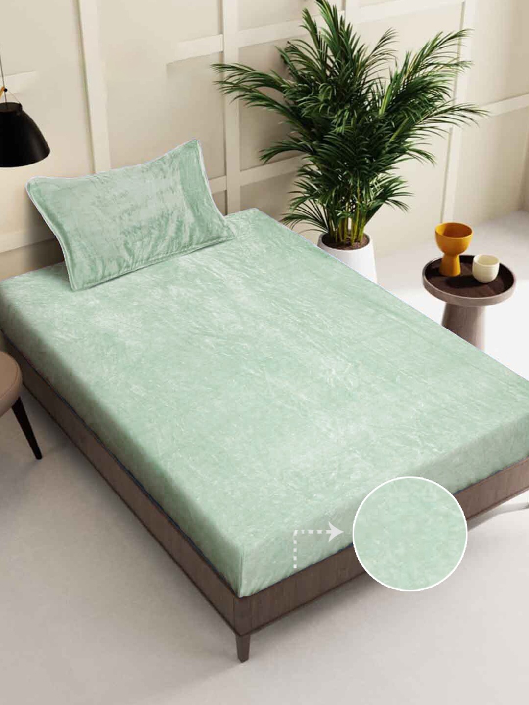 

FABINALIV Green Solid 300 TC Woollen Single Bedsheet with Pillow Cover
