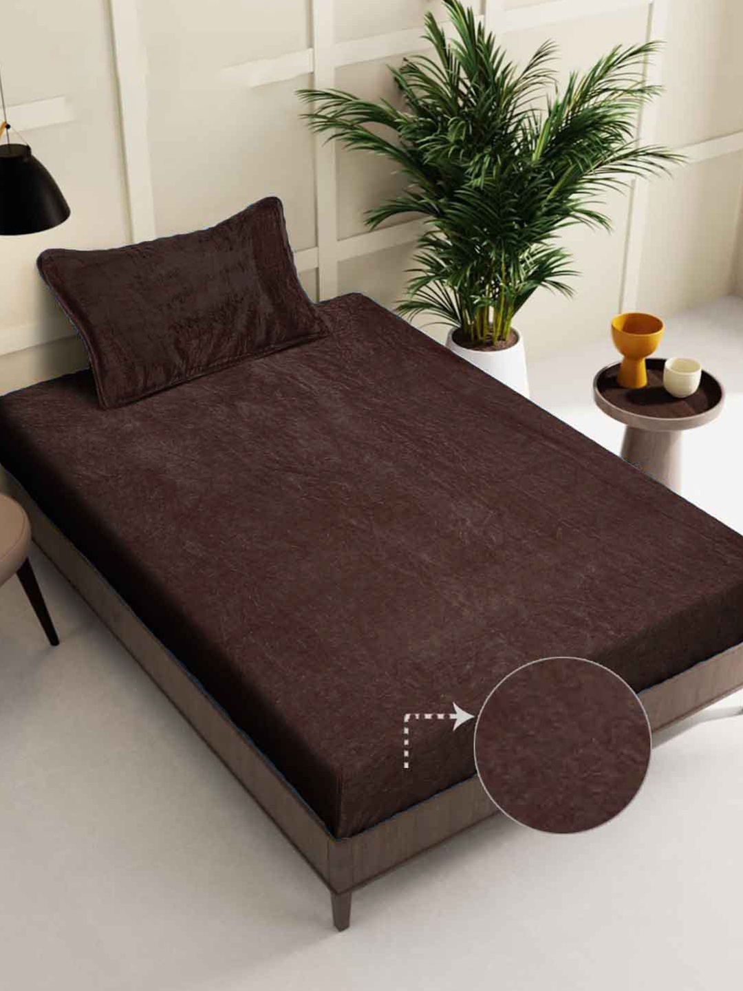 

FABINALIV Coffee Brown Solid 300 TC Woollen Single Bedsheet with Pillow Cover