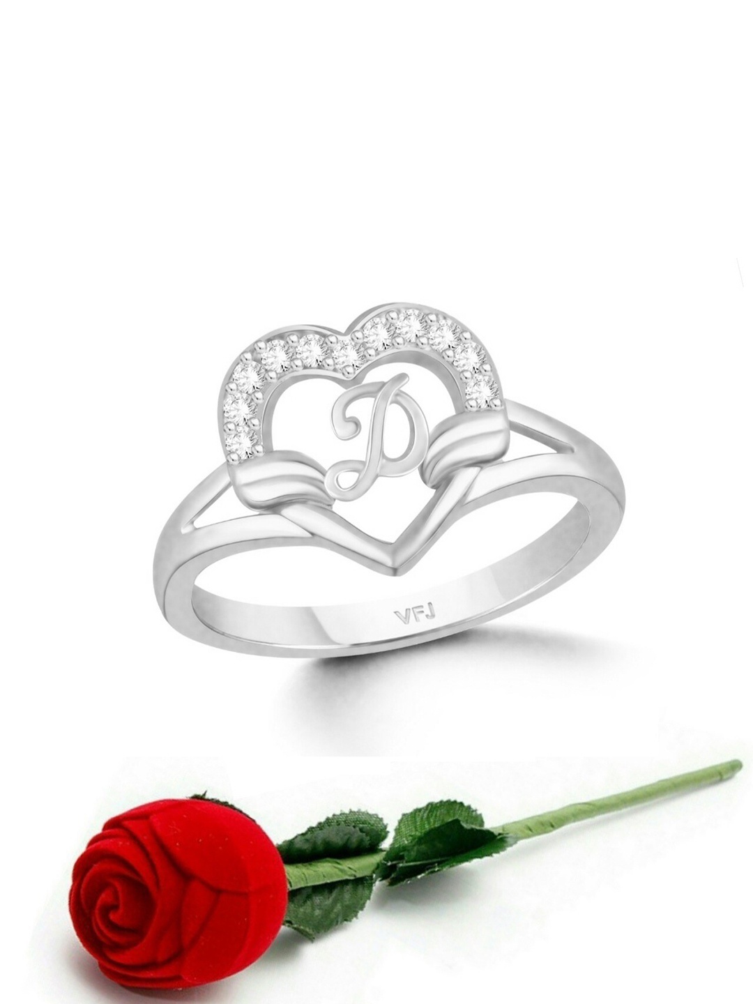 

Vighnaharta Rhodium-Plated CZ-Studded Alphabet D Finger Ring With Rose Box, Silver