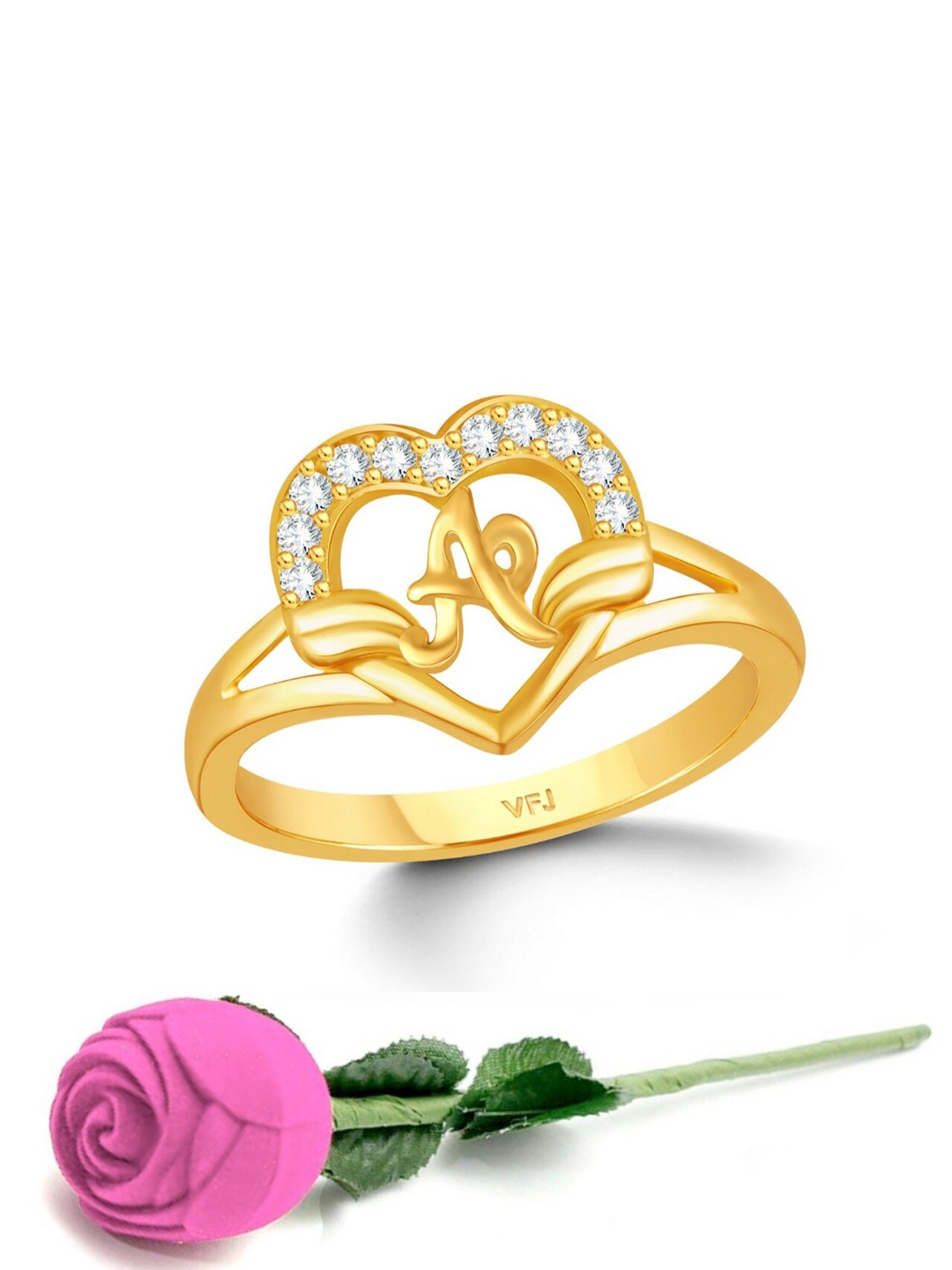 

Vighnaharta Gold-Plated CZ-Studded Alphabet A Finger Ring With Rose Box