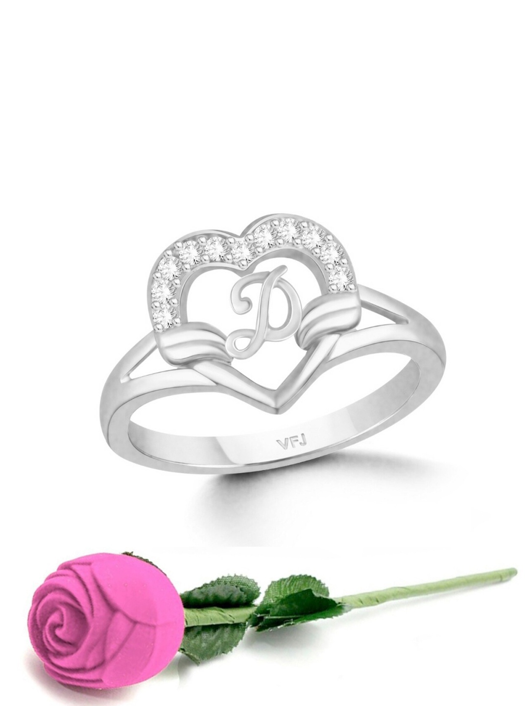 

Vighnaharta Rhodium-Plated CZ-Studded Alphabet D Finger Ring With Rose Box, Silver