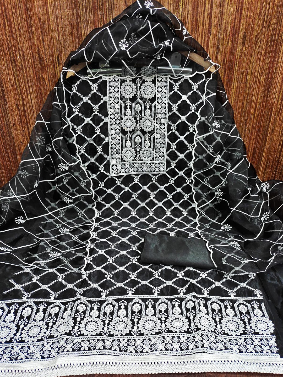 

ZEEPKART Embroidered Organza Unstitched Dress Material, Black