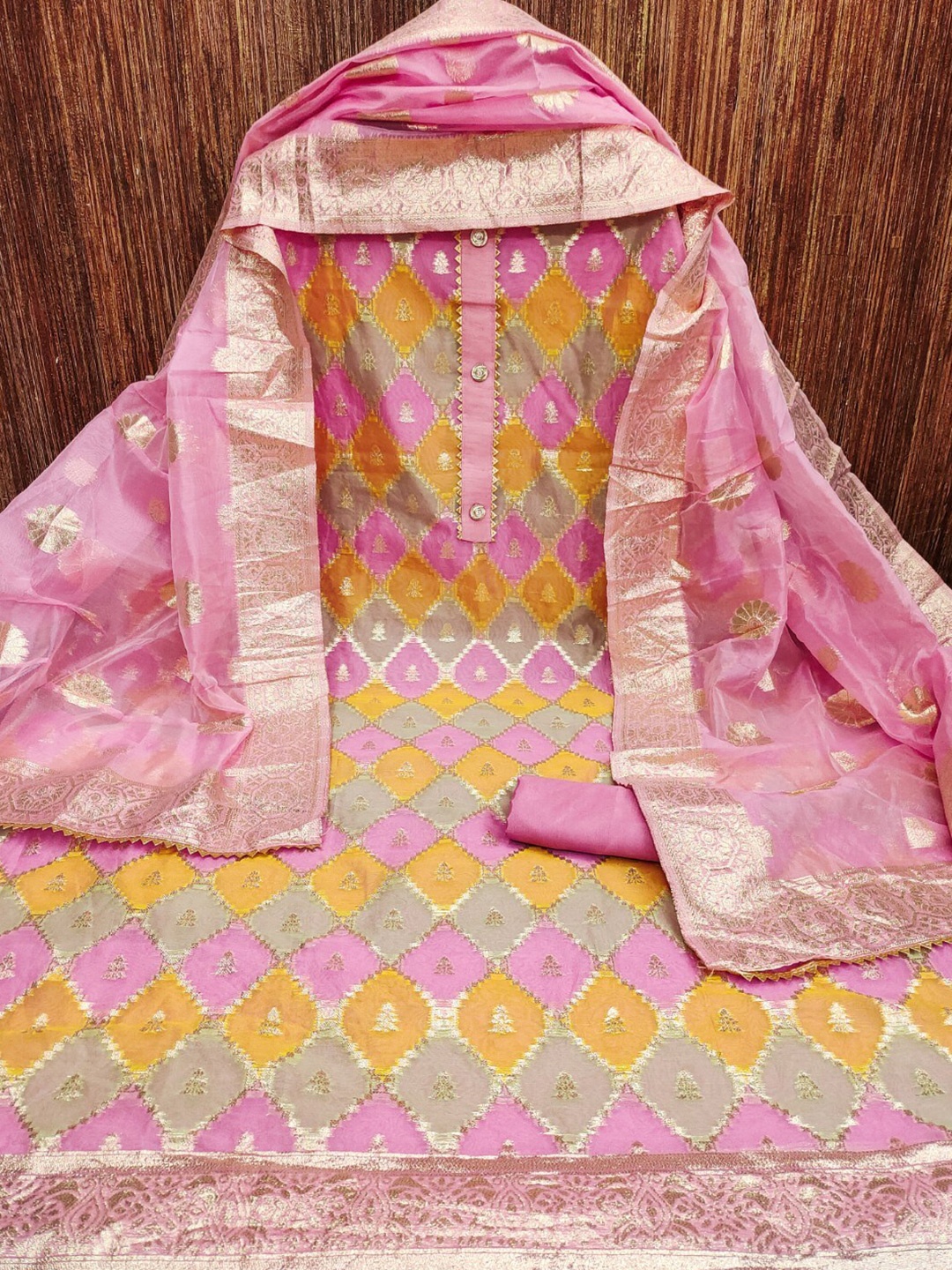 

ZEEPKART Woven Design Zari Organza Unstitched Dress Material, Pink