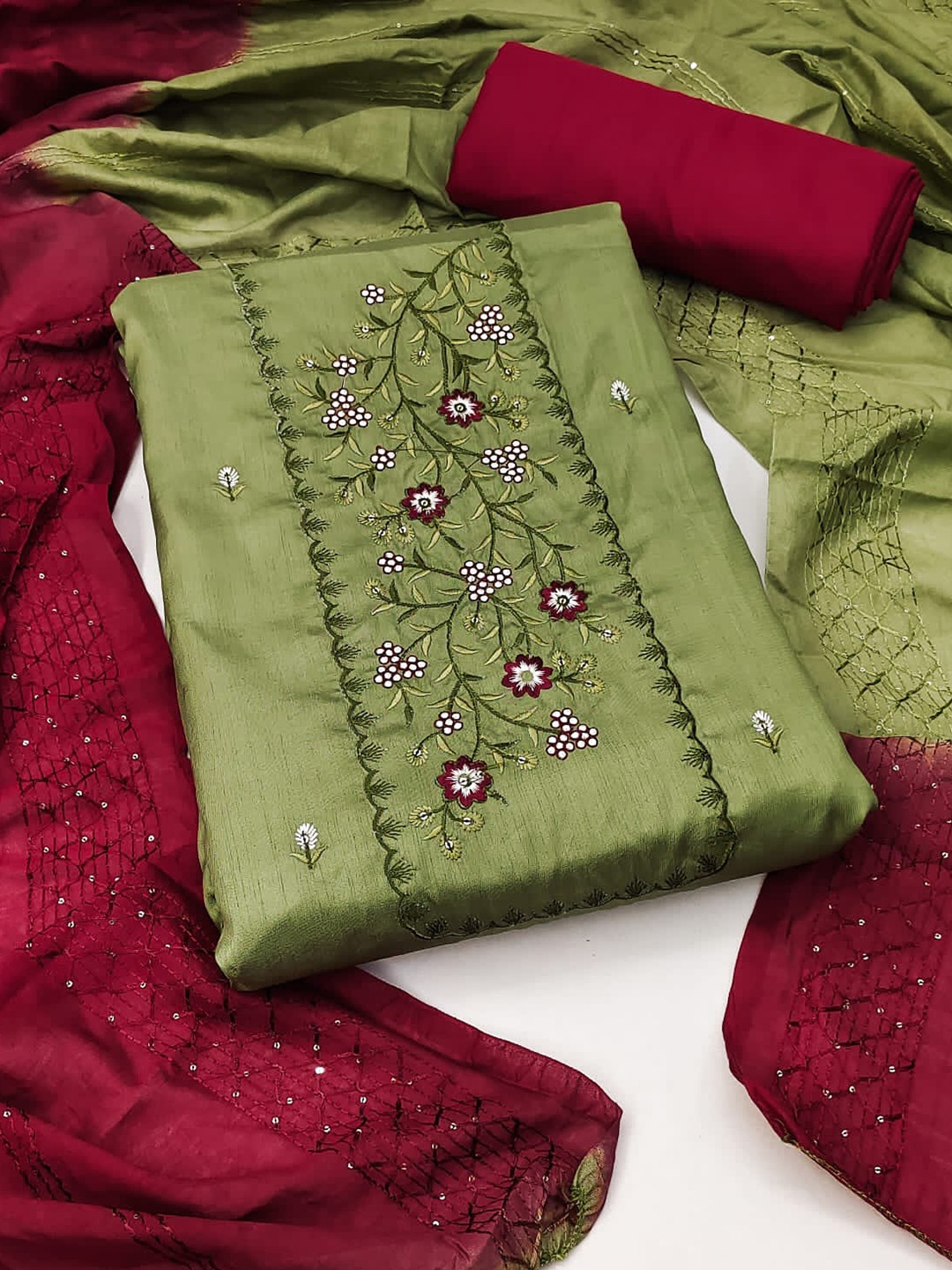 

ZEEPKART Ethnic Motifs Embroidered Unstitched Dress Material, Green