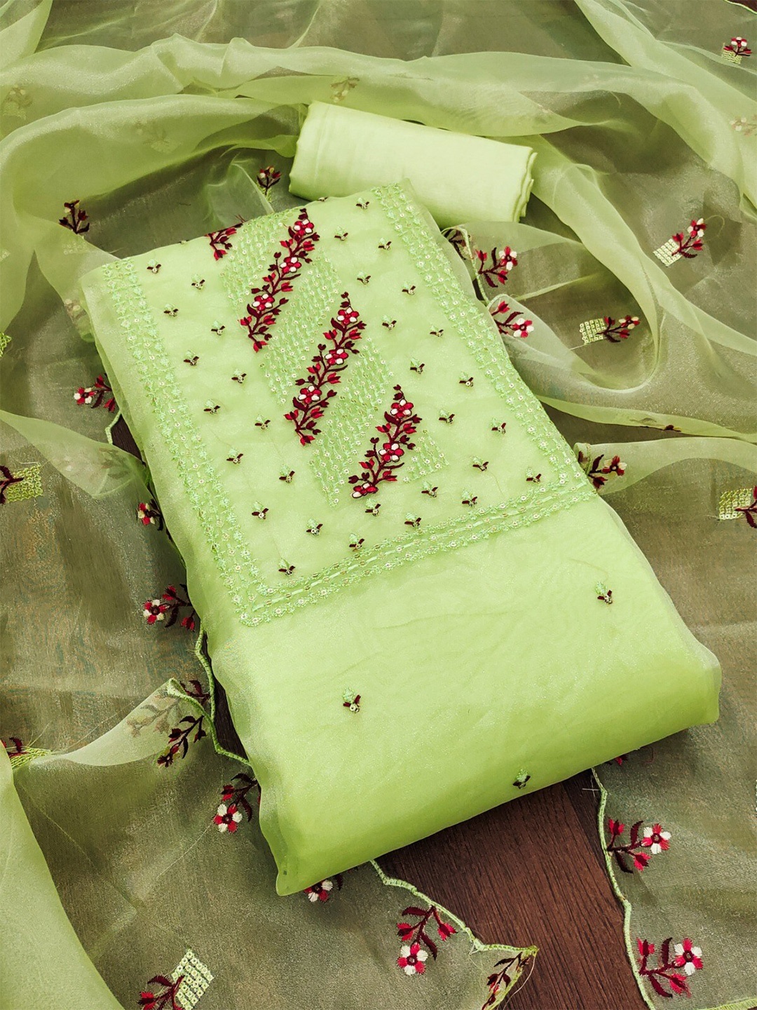 

ZEEPKART Floral Embroidered Sequined Organza Unstitched Dress Material, Green