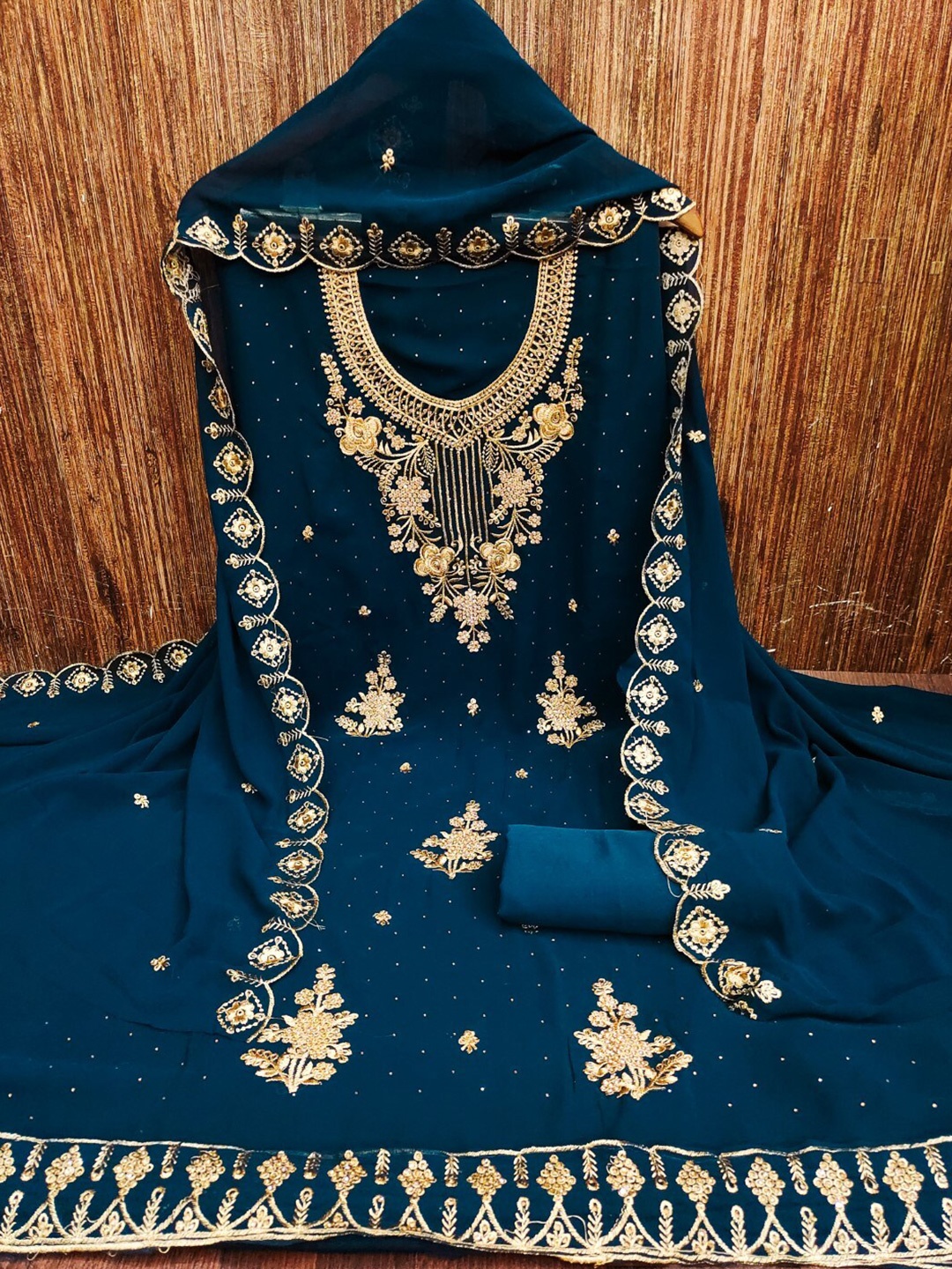 

ZEEPKART Floral Embroidered Unstitched Dress Material, Blue