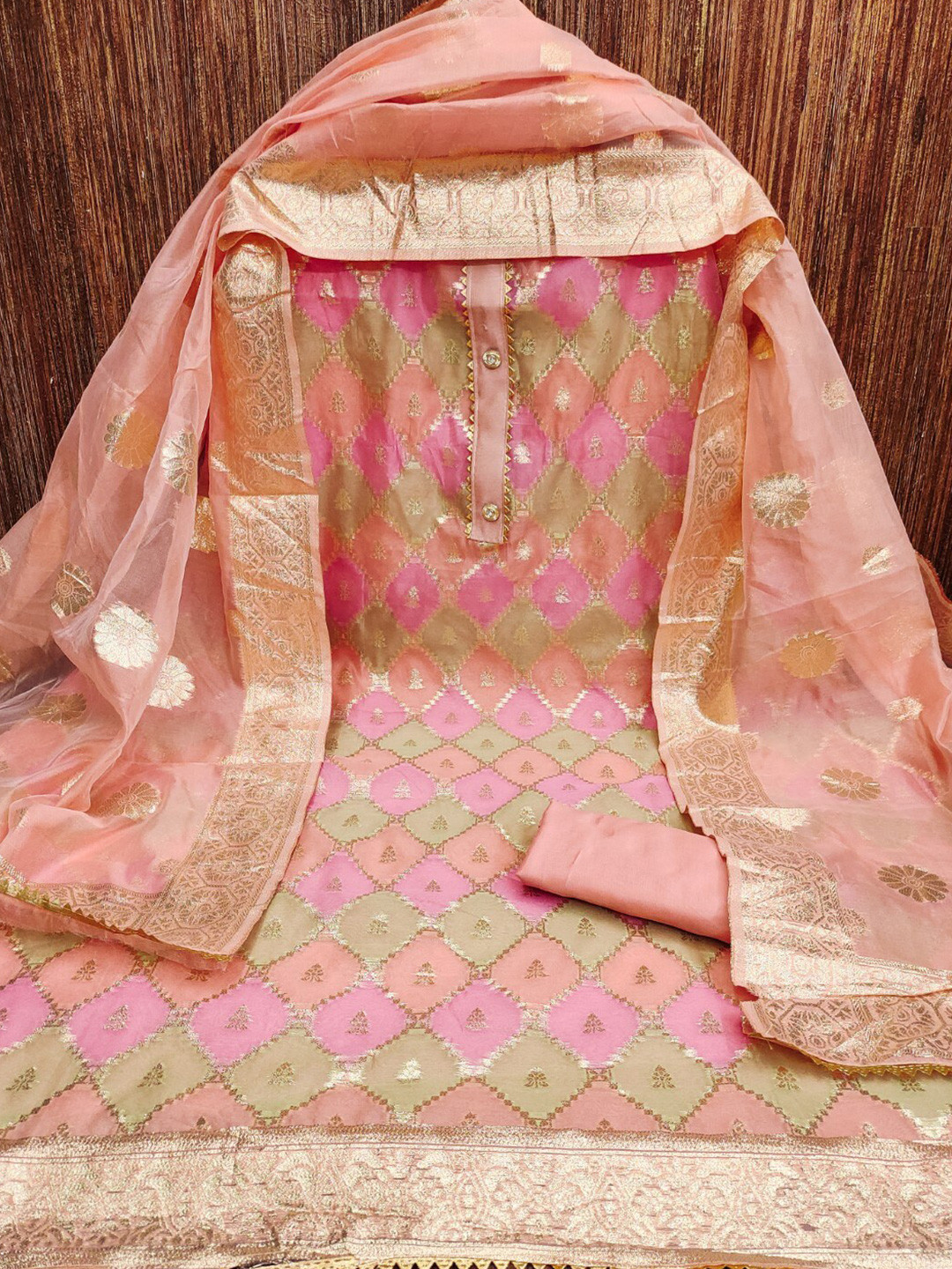 

ZEEPKART Floral Printed Organza Dress Material, Peach