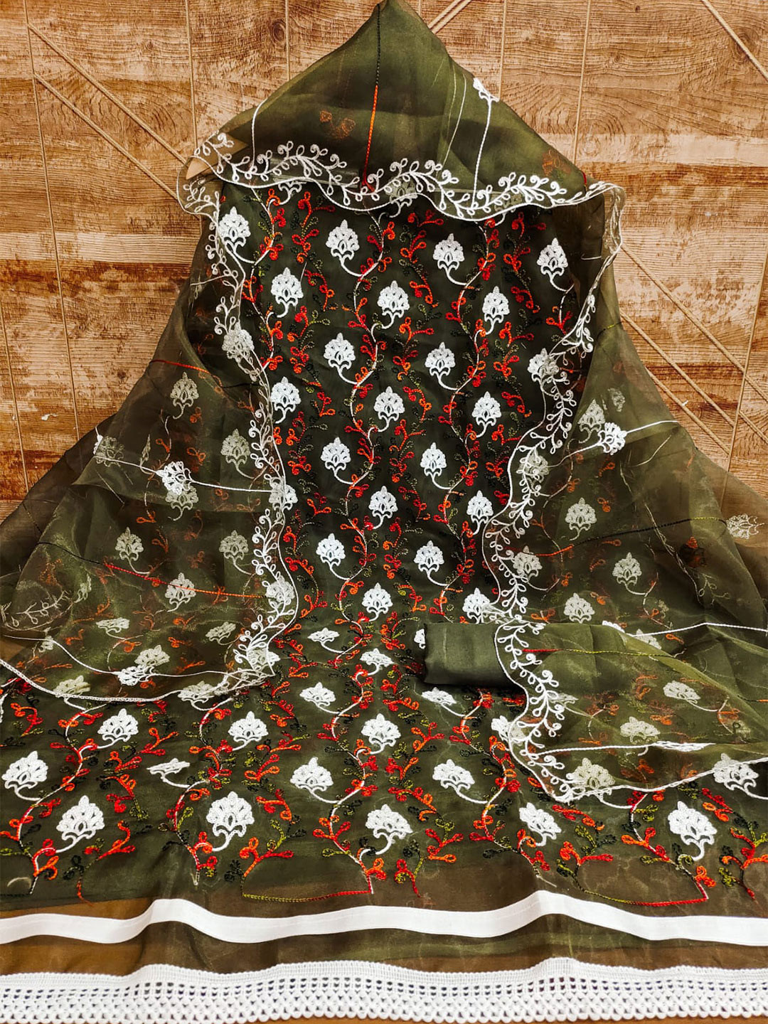 

ZEEPKART Floral Embroidered Organza Dress Material, Green
