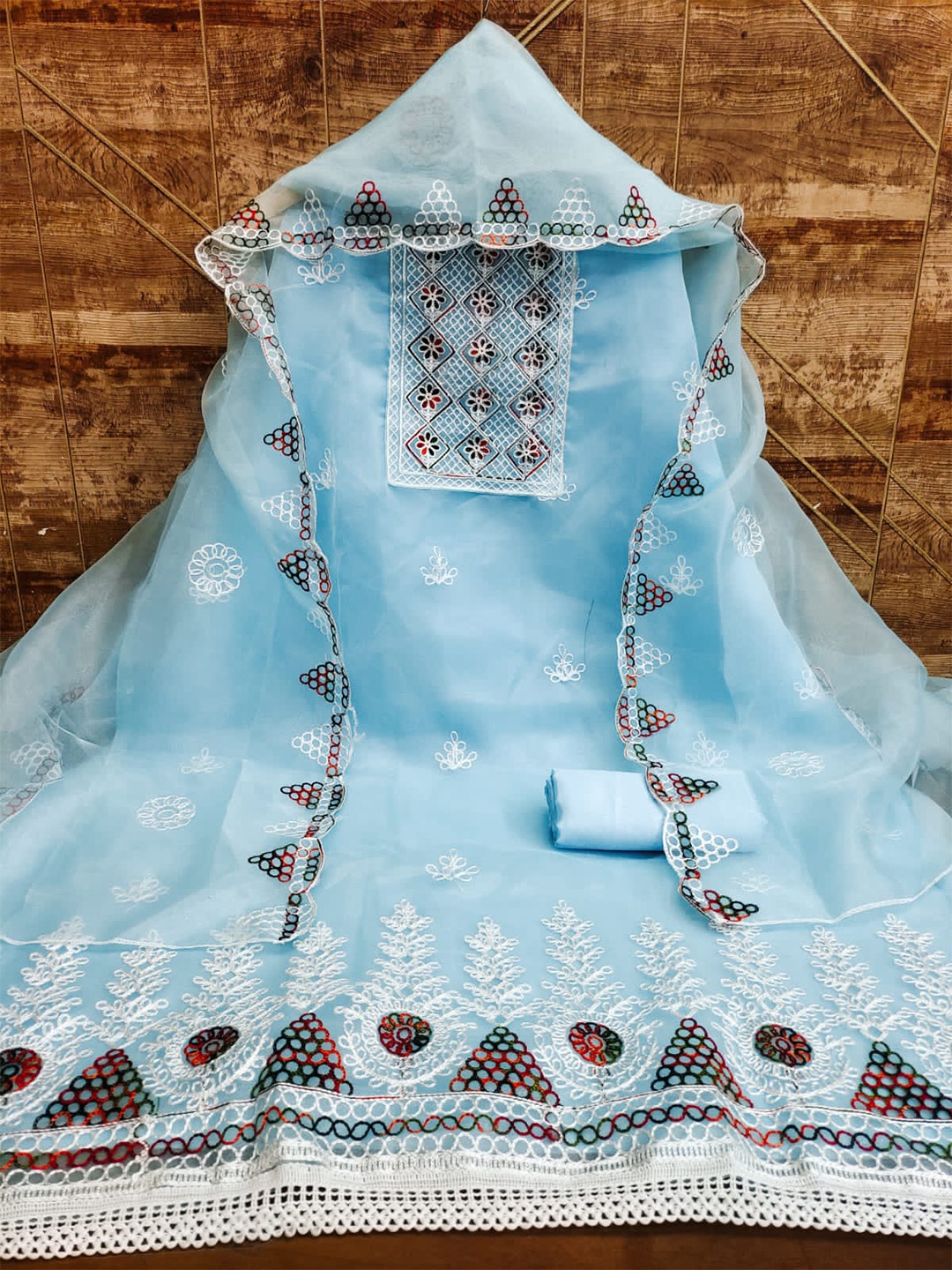 

ZEEPKART Embroidered Organza Unstitched Dress Material, Turquoise blue