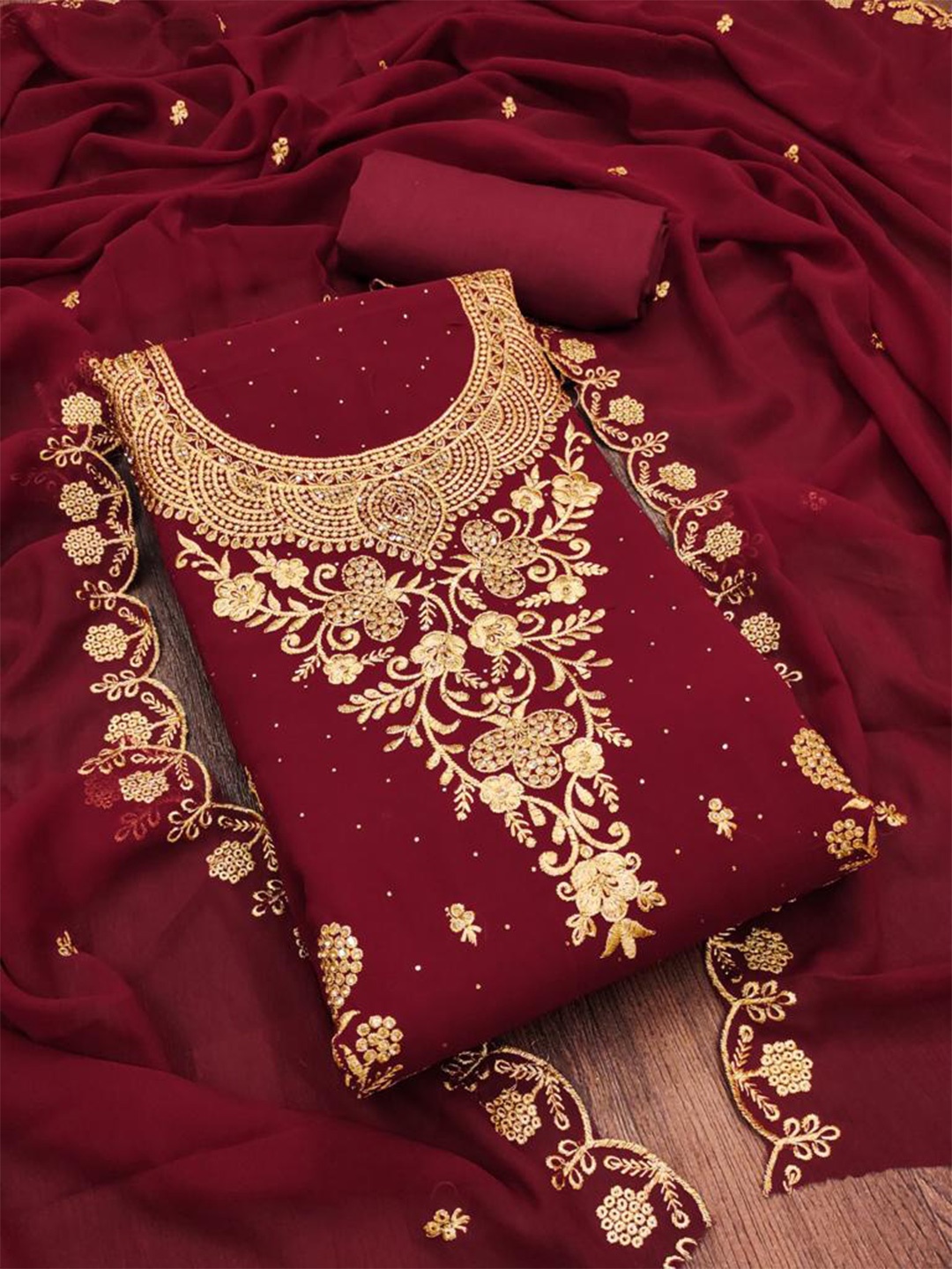 

ZEEPKART Ethnic Motifs Embroidered Sequined Unstitched Dress Material, Maroon