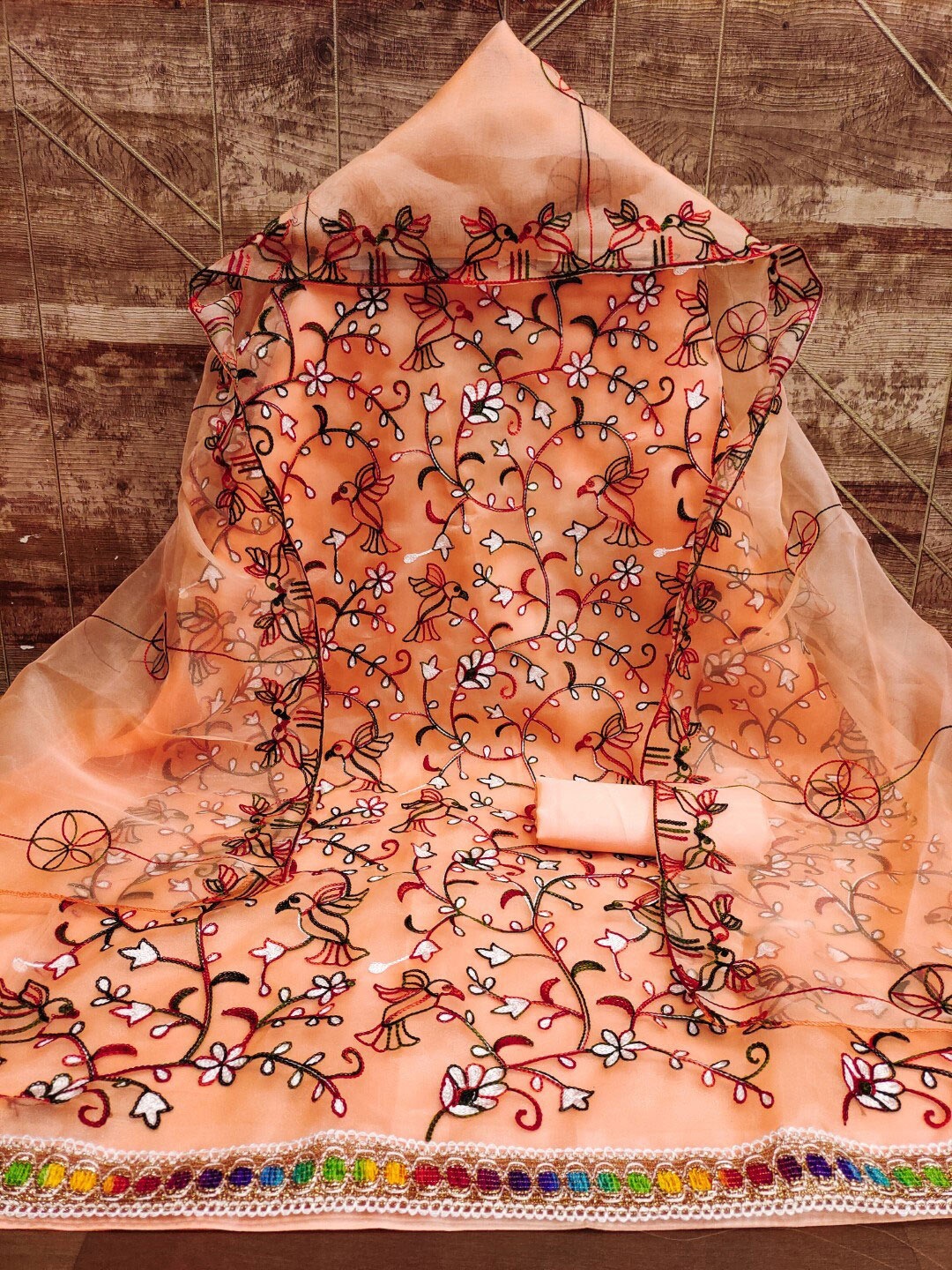 

ZEEPKART Embroidered Organza Unstitched Dress Material, Orange