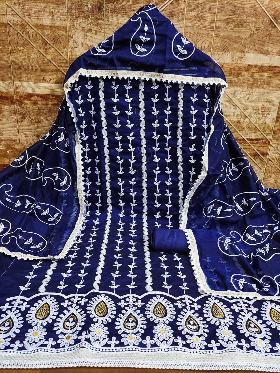 

ZEEPKART Ethnic Motifs Embroidered Unstitched Dress Material, Navy blue