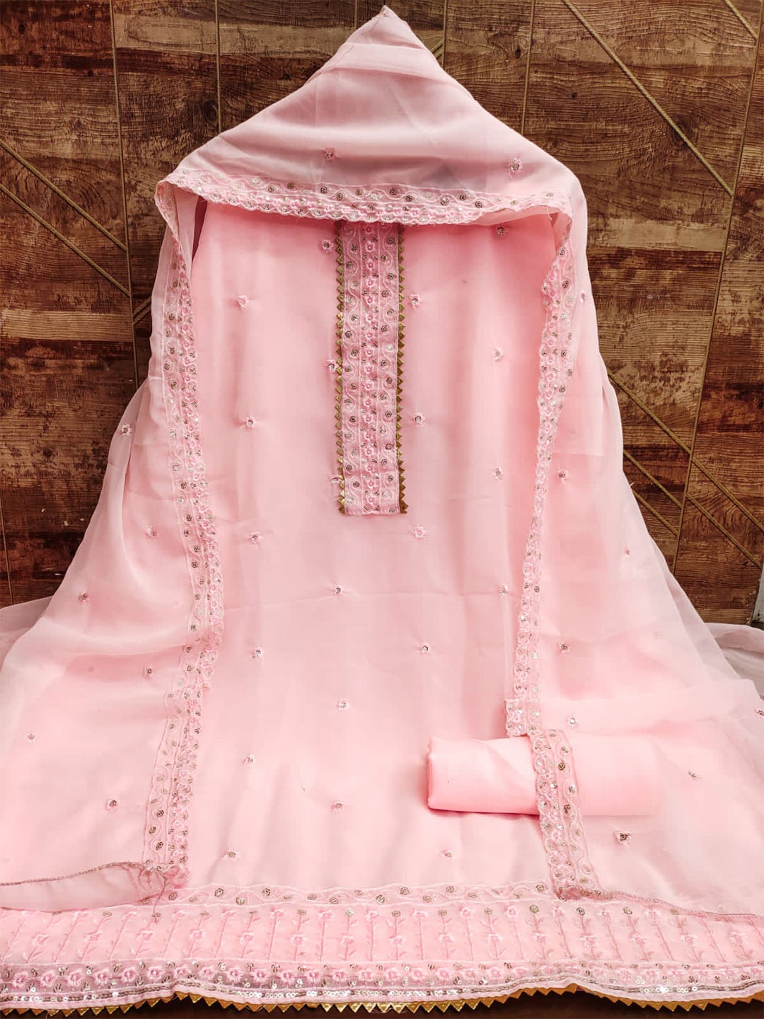 

ZEEPKART Floral Embroidered Sequinned Unstitched Dress Material, Pink