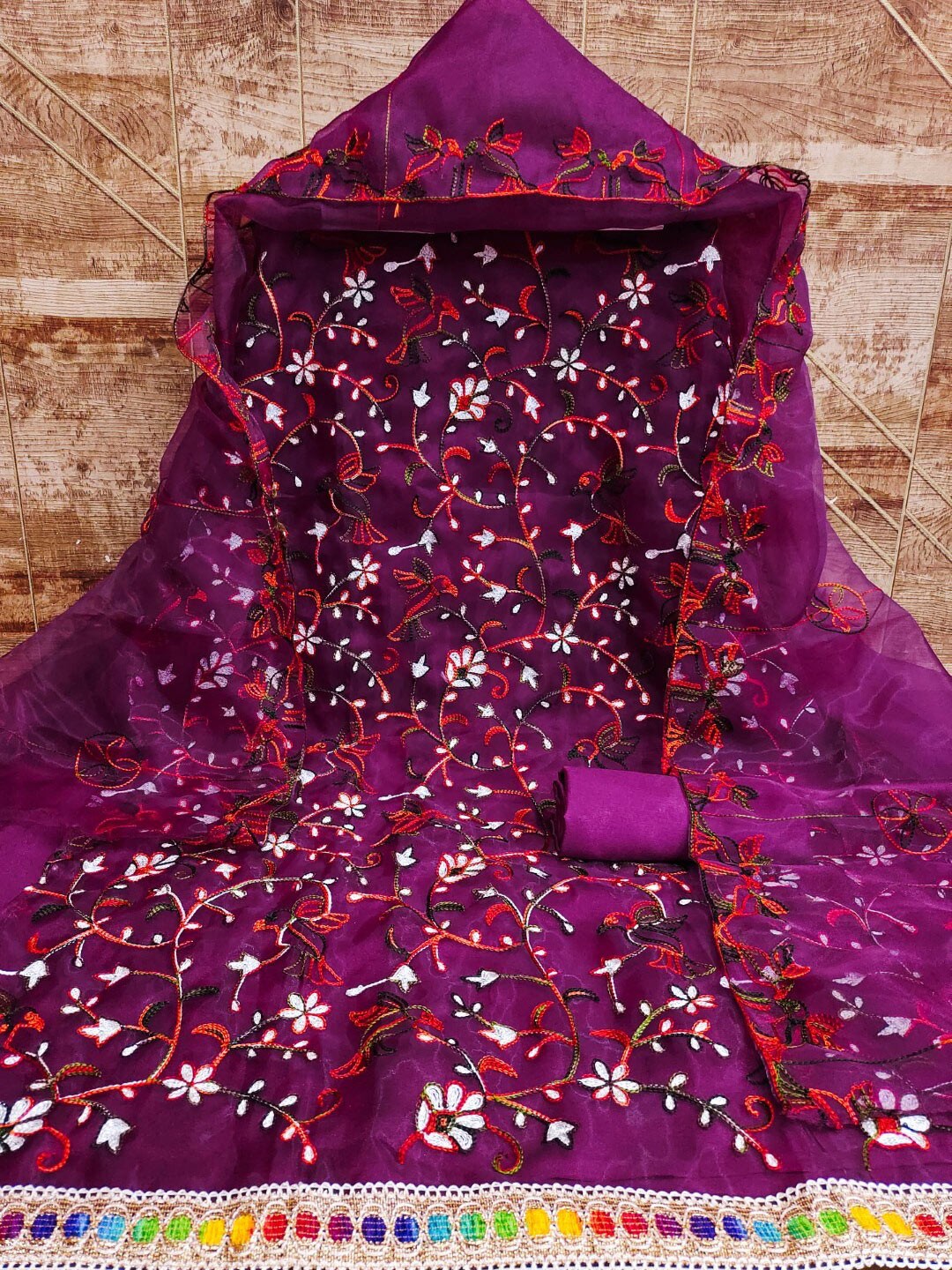

ZEEPKART Floral Embroidered Organza Unstitched Dress Material, Purple