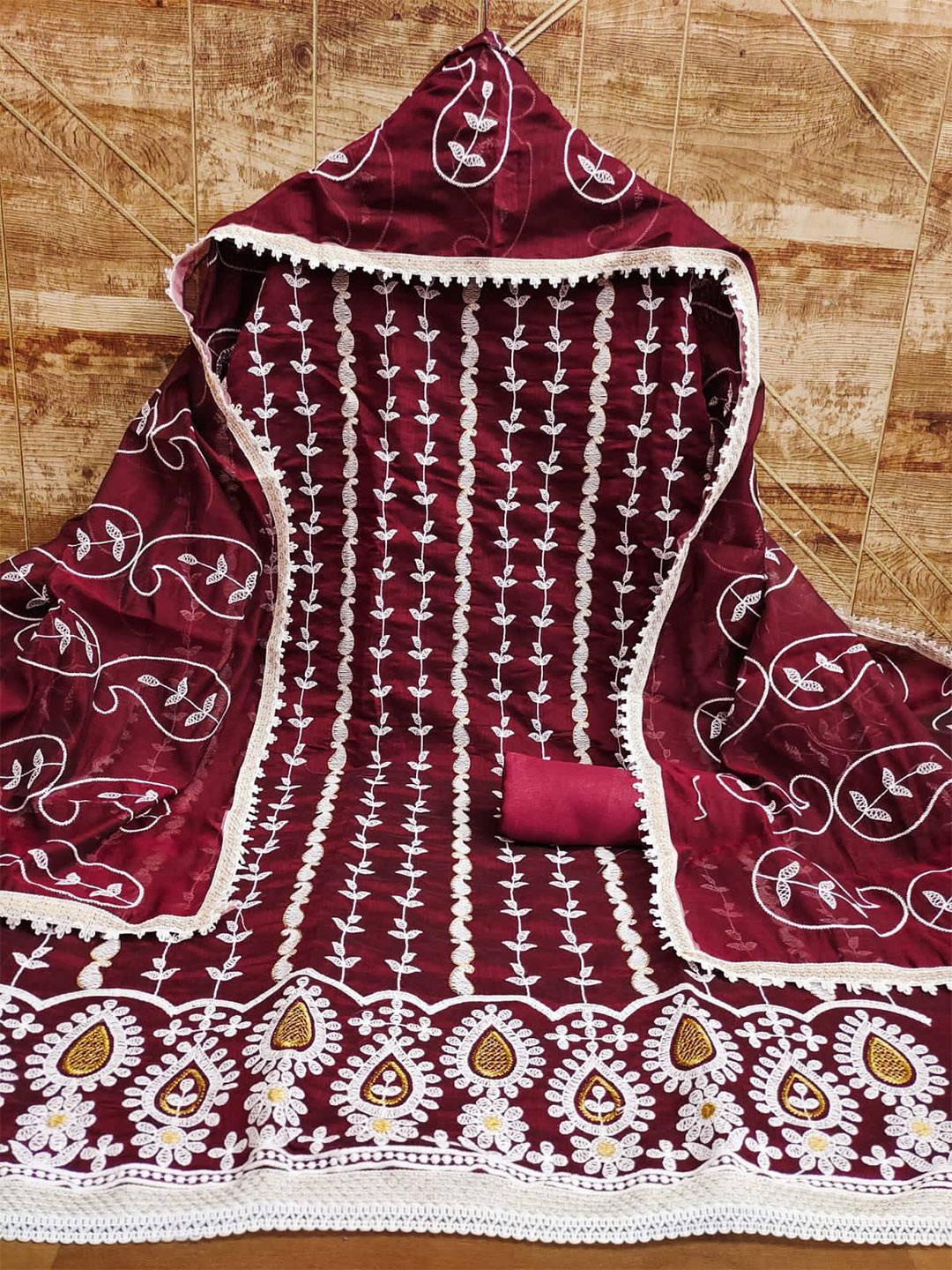 

ZEEPKART Ethnic Motifs Embroidered Unstitched Dress Material, Maroon