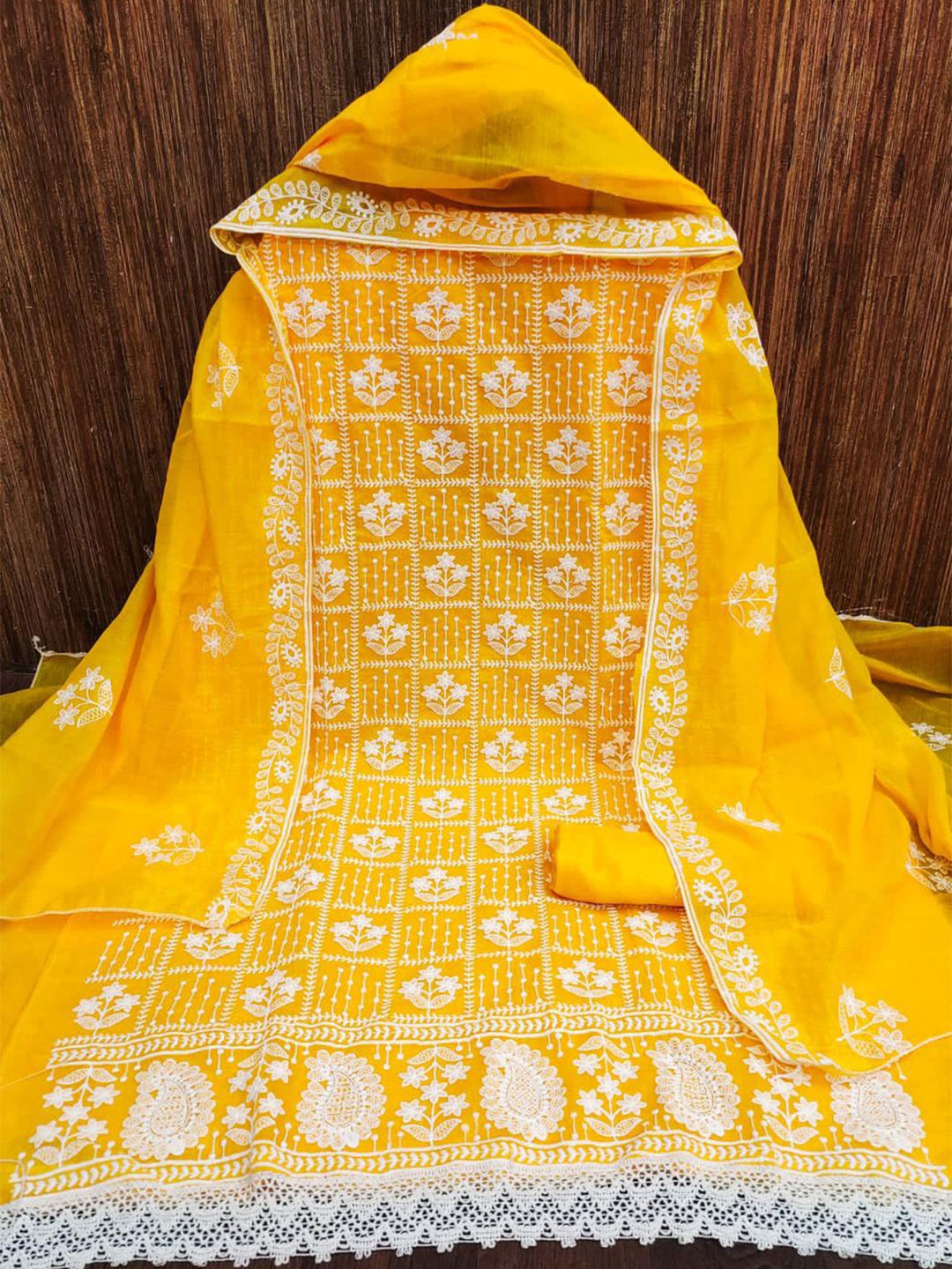 

ZEEPKART Floral Embroidered Unstitched Dress Material, Yellow