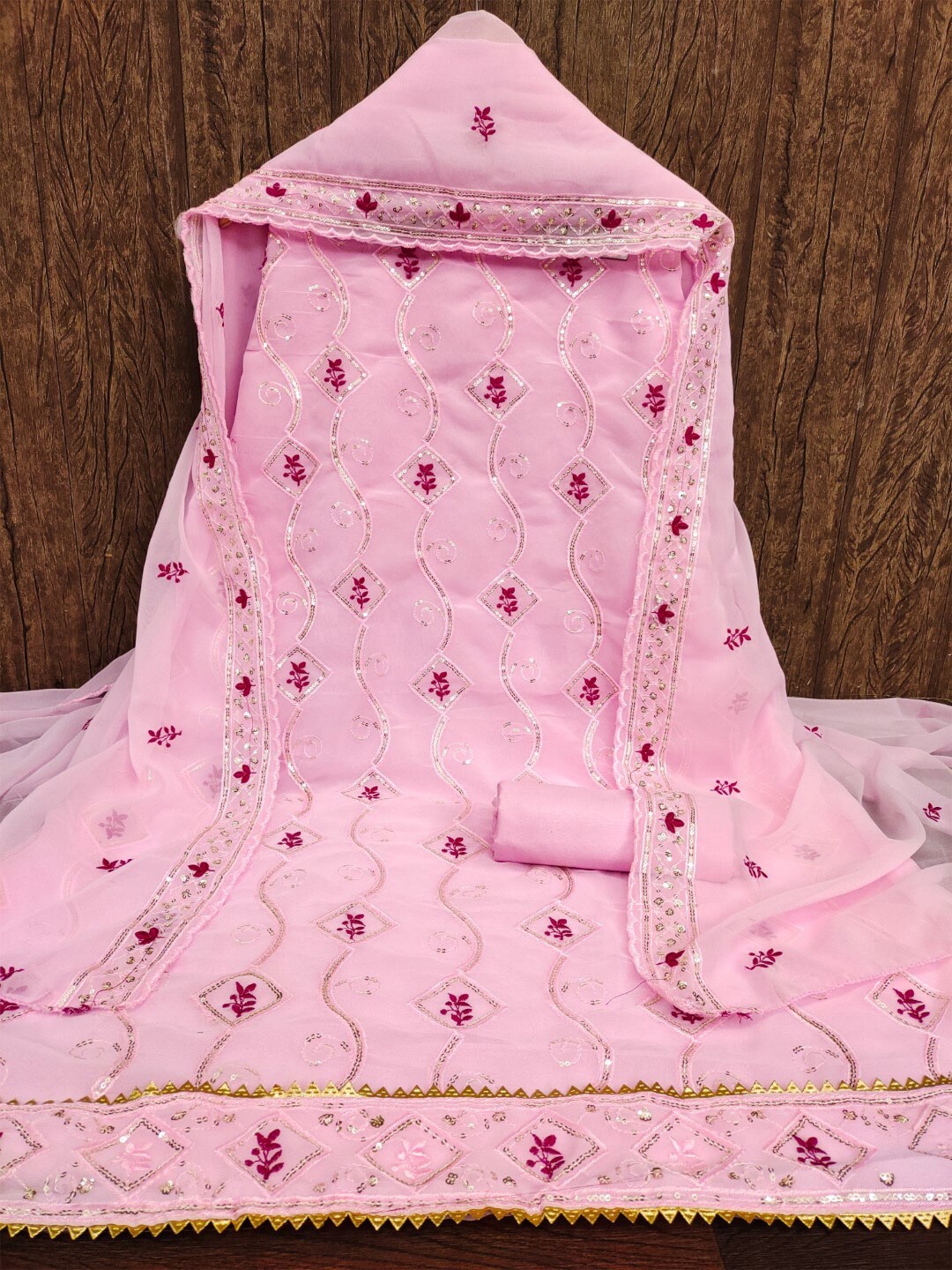 

ZEEPKART Floral Embroidered Sequinned Unstitched Dress Material, Pink