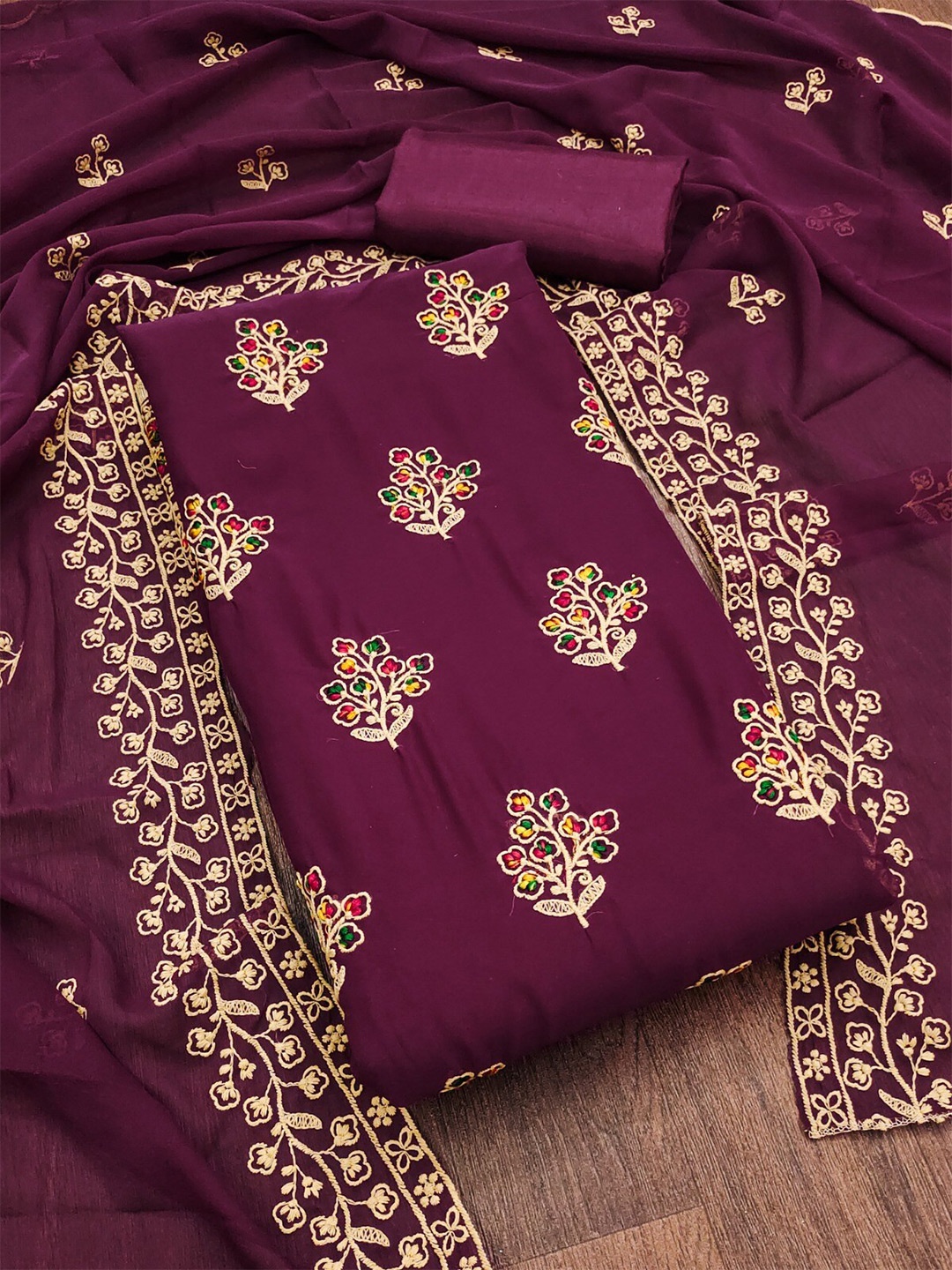 

ZEEPKART Floral Embroidered Dress Material, Purple
