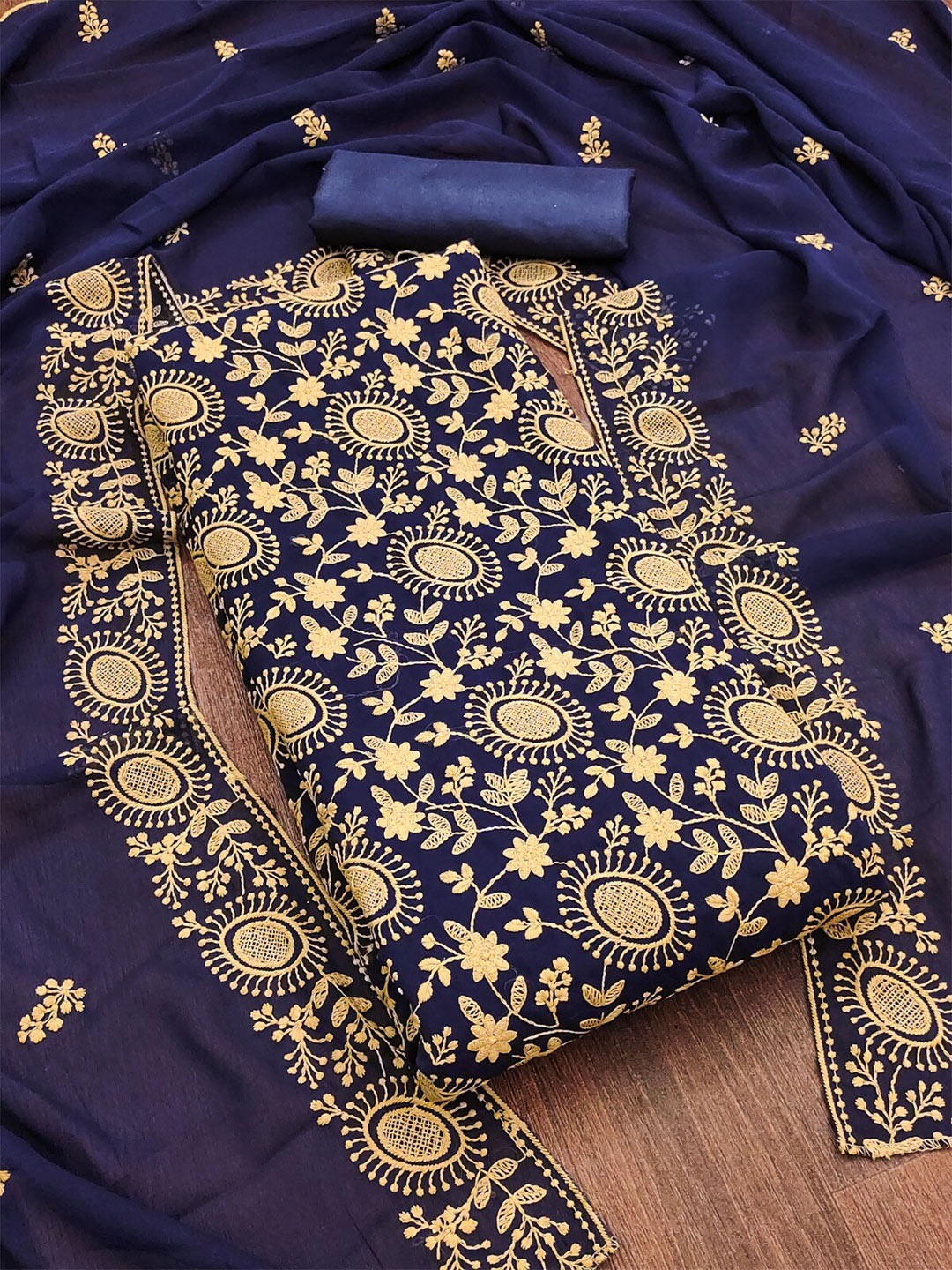 

ZEEPKART Floral Embroidered Dress Material, Blue