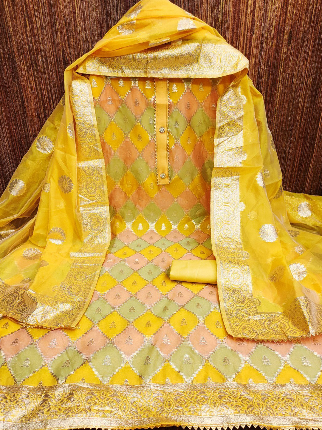

ZEEPKART Woven Design Organza Unstitched Dress Material, Yellow