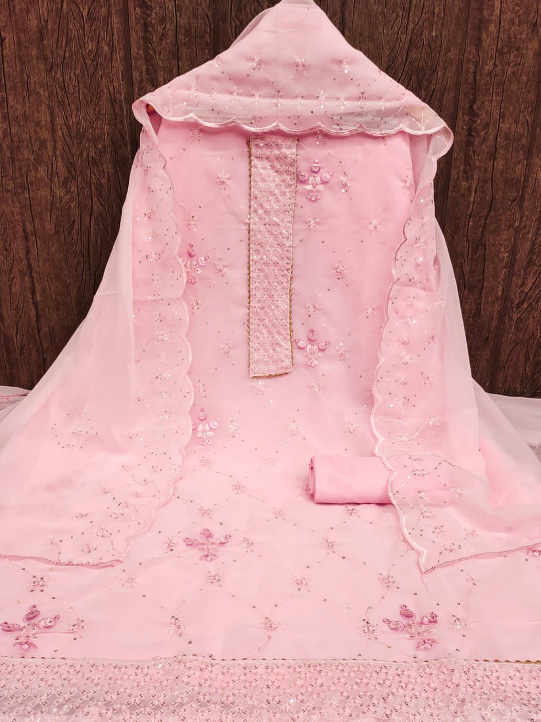 

ZEEPKART Floral Embroidered Gotta Patti Sequined Unstitched Dress Material, Pink