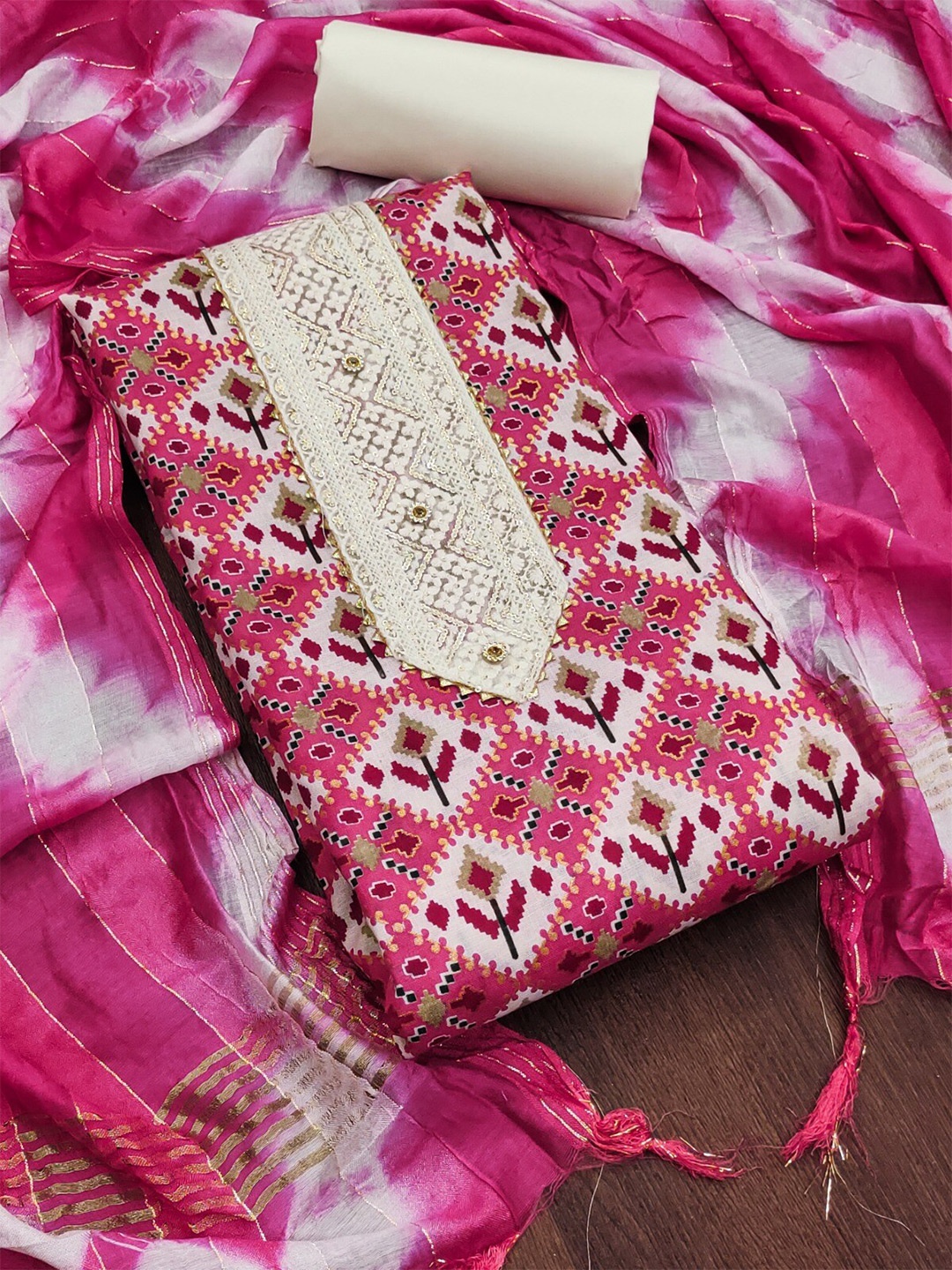 

ZEEPKART Printed Unstitched Dress Material, Pink
