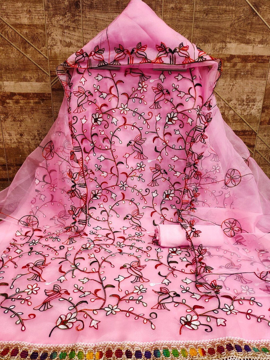 

ZEEPKART Embroidered Organza Unstitched Dress Material, Pink