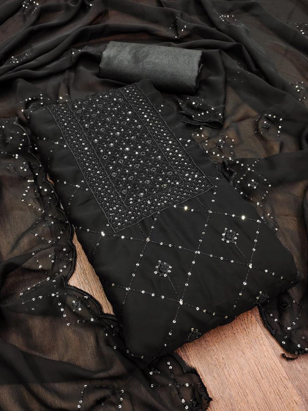 

ZEEPKART Geometric Embroidered Sequinned Organza Unstitched Dress Material, Black