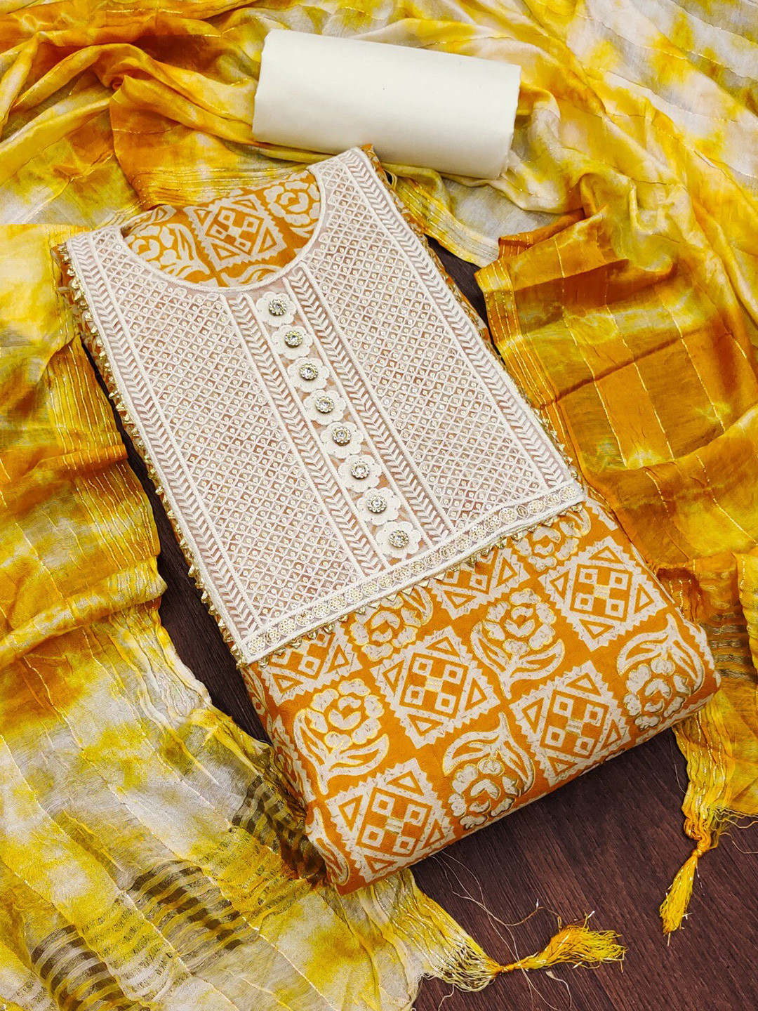

ZEEPKART Ethnic Motifs Printed Sequined & Gotta Patti Unstitched Dress Material, White