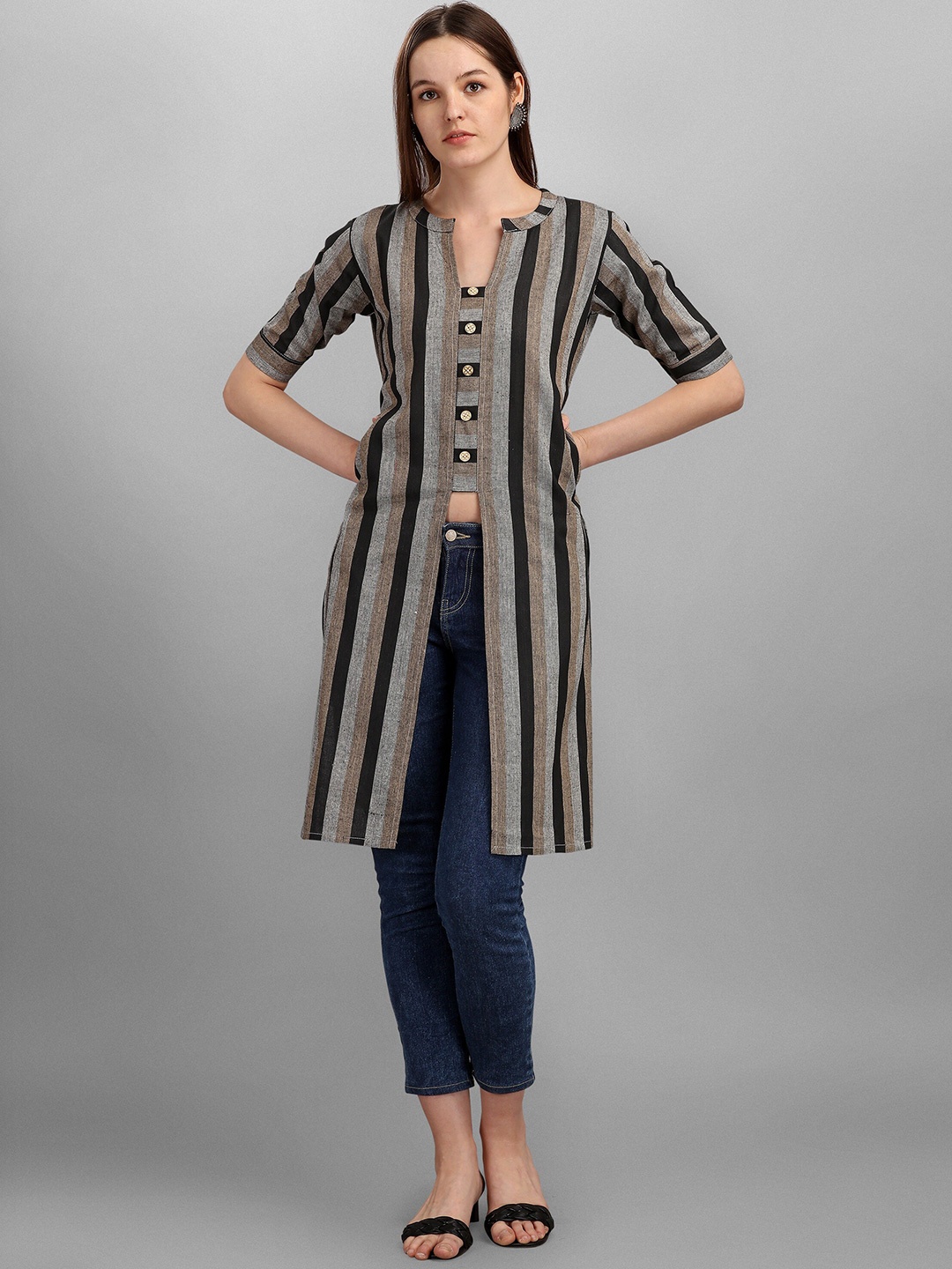 

BAESD Striped Yoke Design Cotton Square Neck Thread Work Straight Khadi Kurta, Black