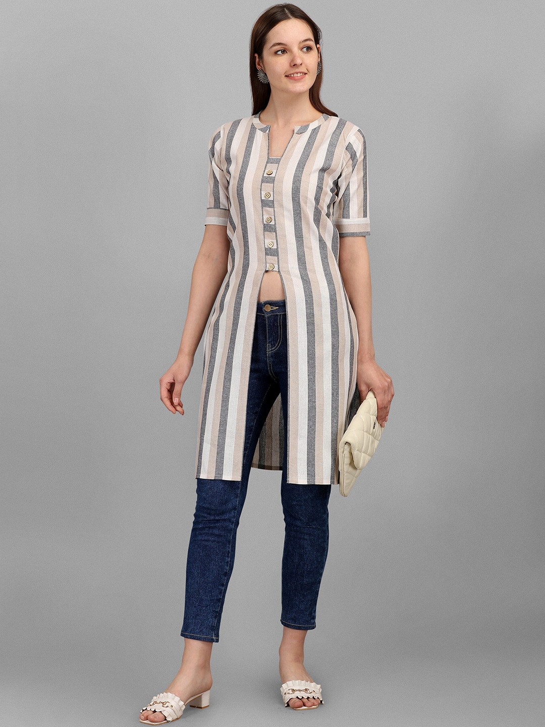 

BAESD Striped Yoke Design Cotton Square Neck Thread Work Straight Khadi Kurta, White